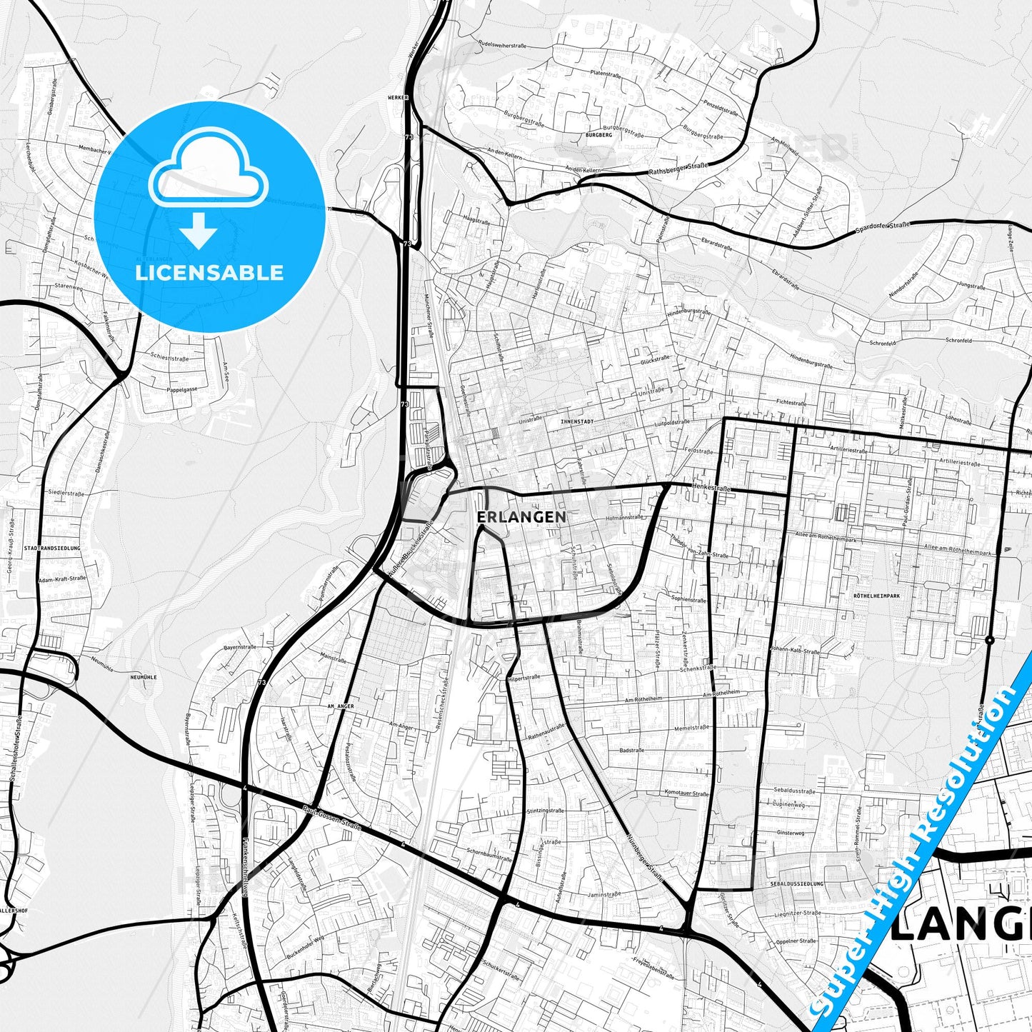 Erlangen, Germany Light Map with Street Names, City Names, and Districts