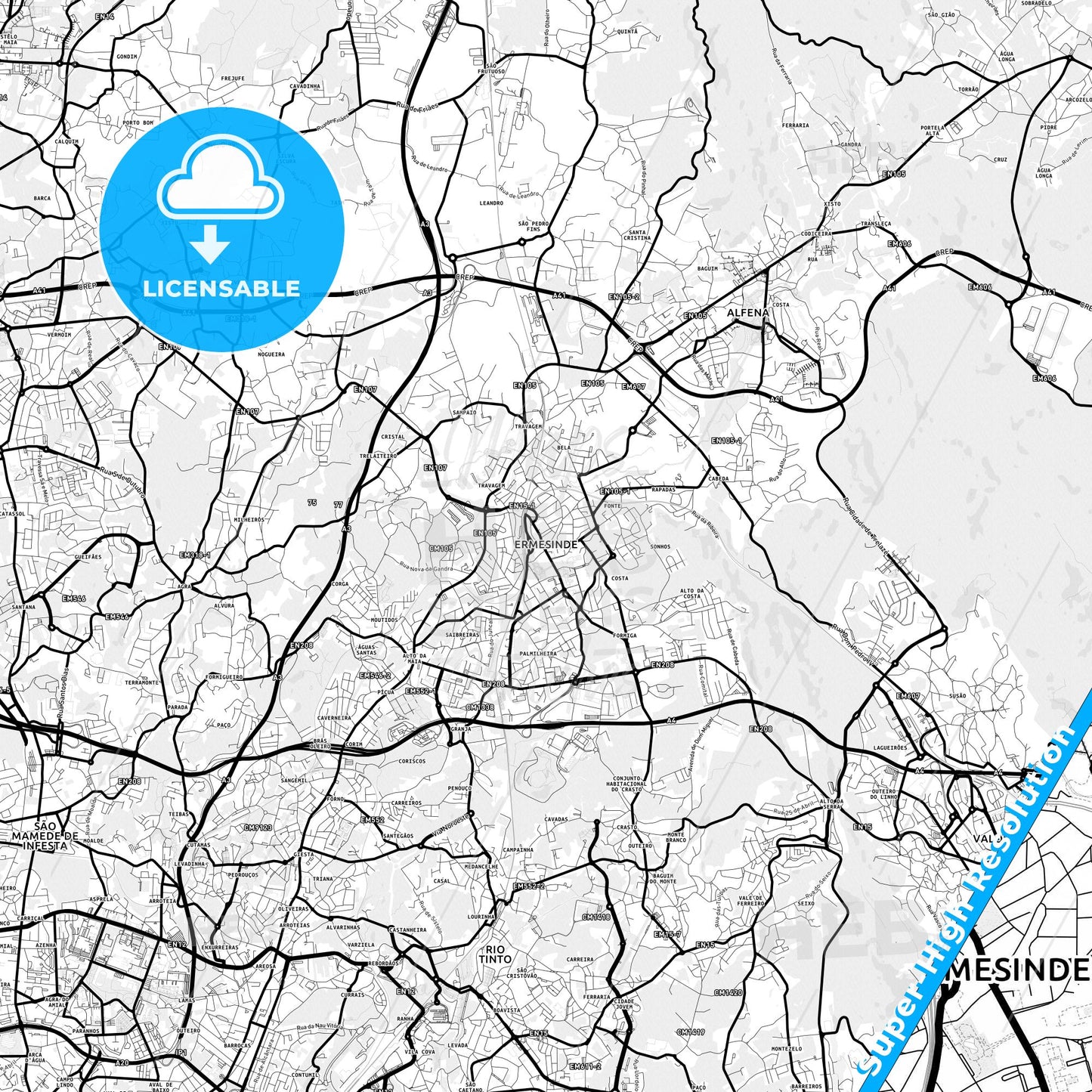 Ermesinde, Portugal Light Map with Street Names, City Names, and Districts
