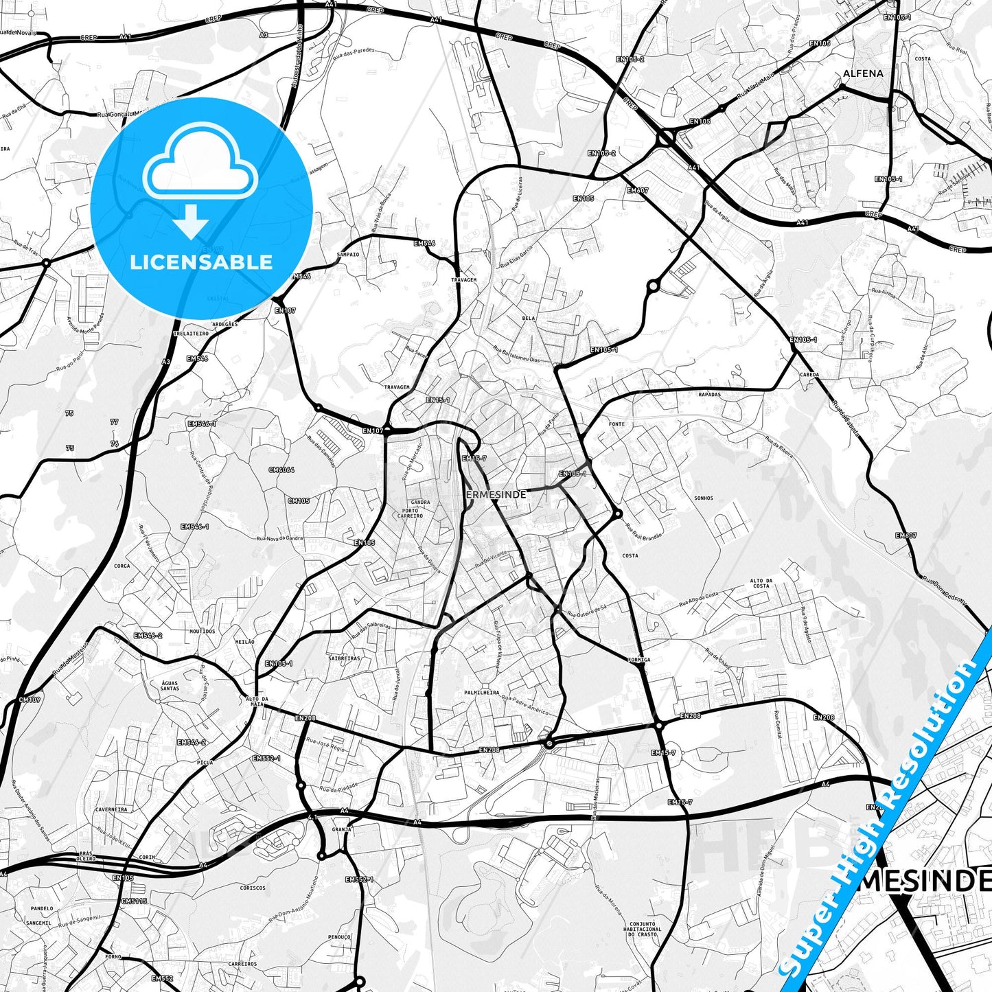 Ermesinde, Portugal Light Map with Street Names, City Names, and Districts