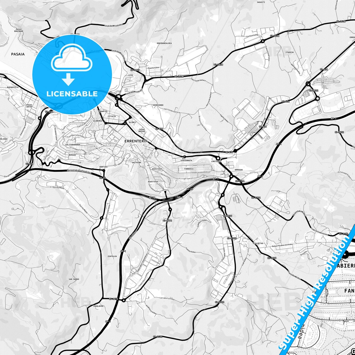Errenteria, Spain Light Map with Street Names, City Names, and Districts