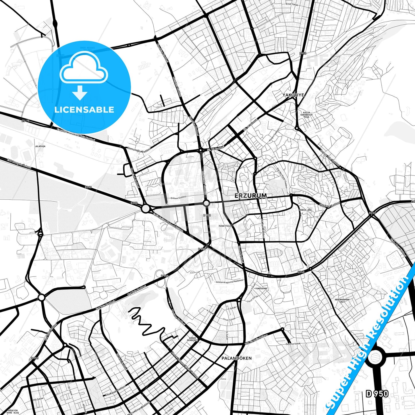 Erzurum, Turkey Light Map with Street Names, City Names, and Districts