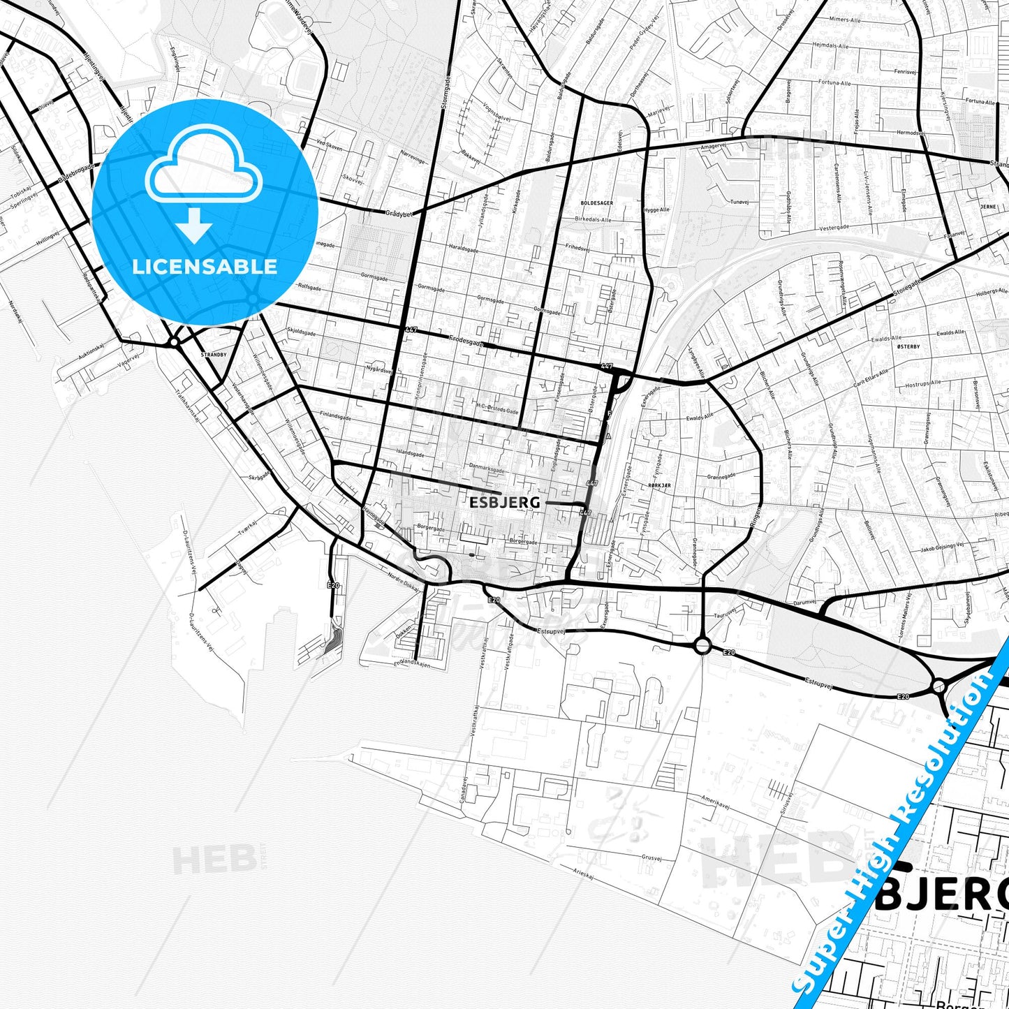 Esbjerg, Denmark Light Map with Street Names, City Names, and Districts