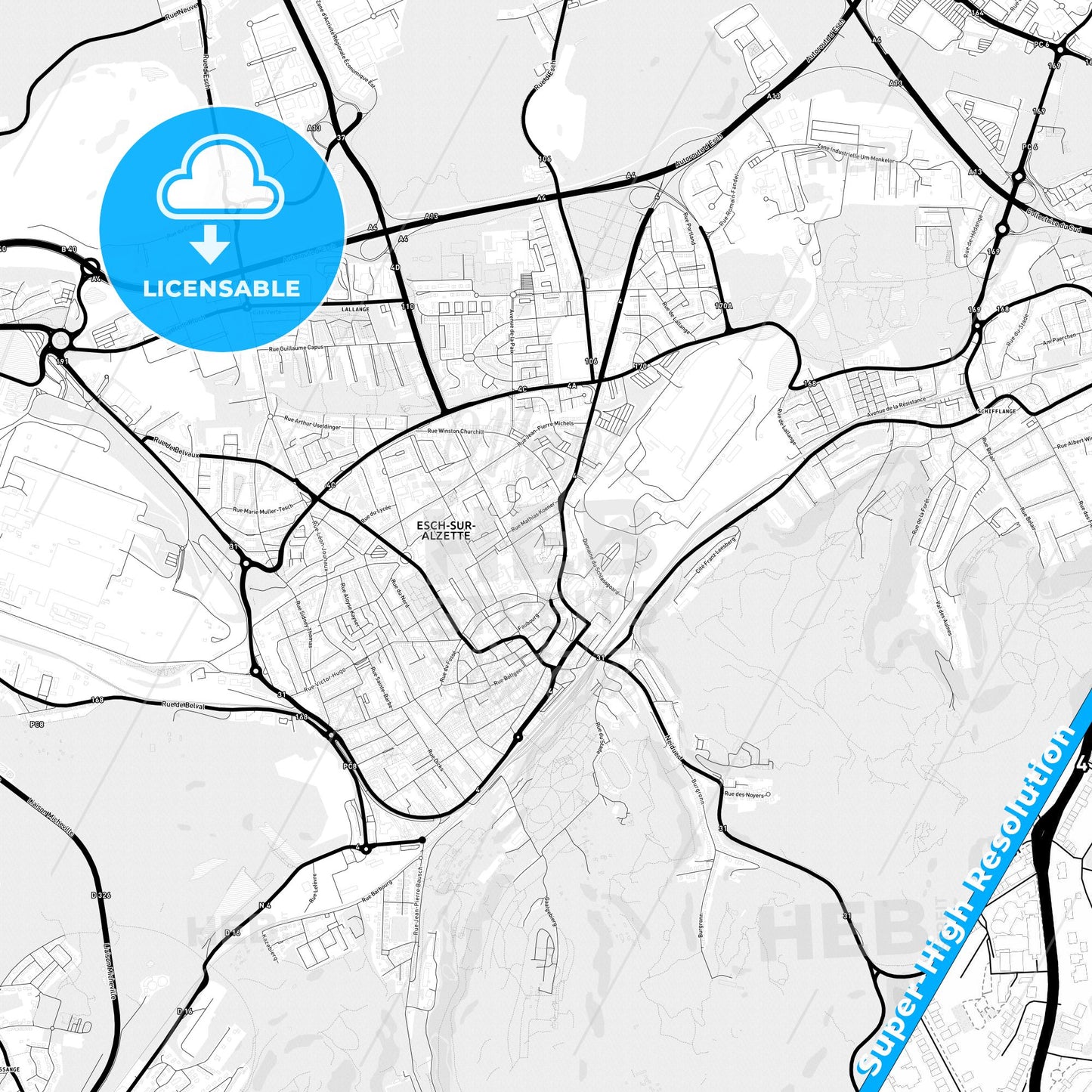 Esch-sur-Alzette, Luxembourg Light Map with Street Names, City Names, and Districts