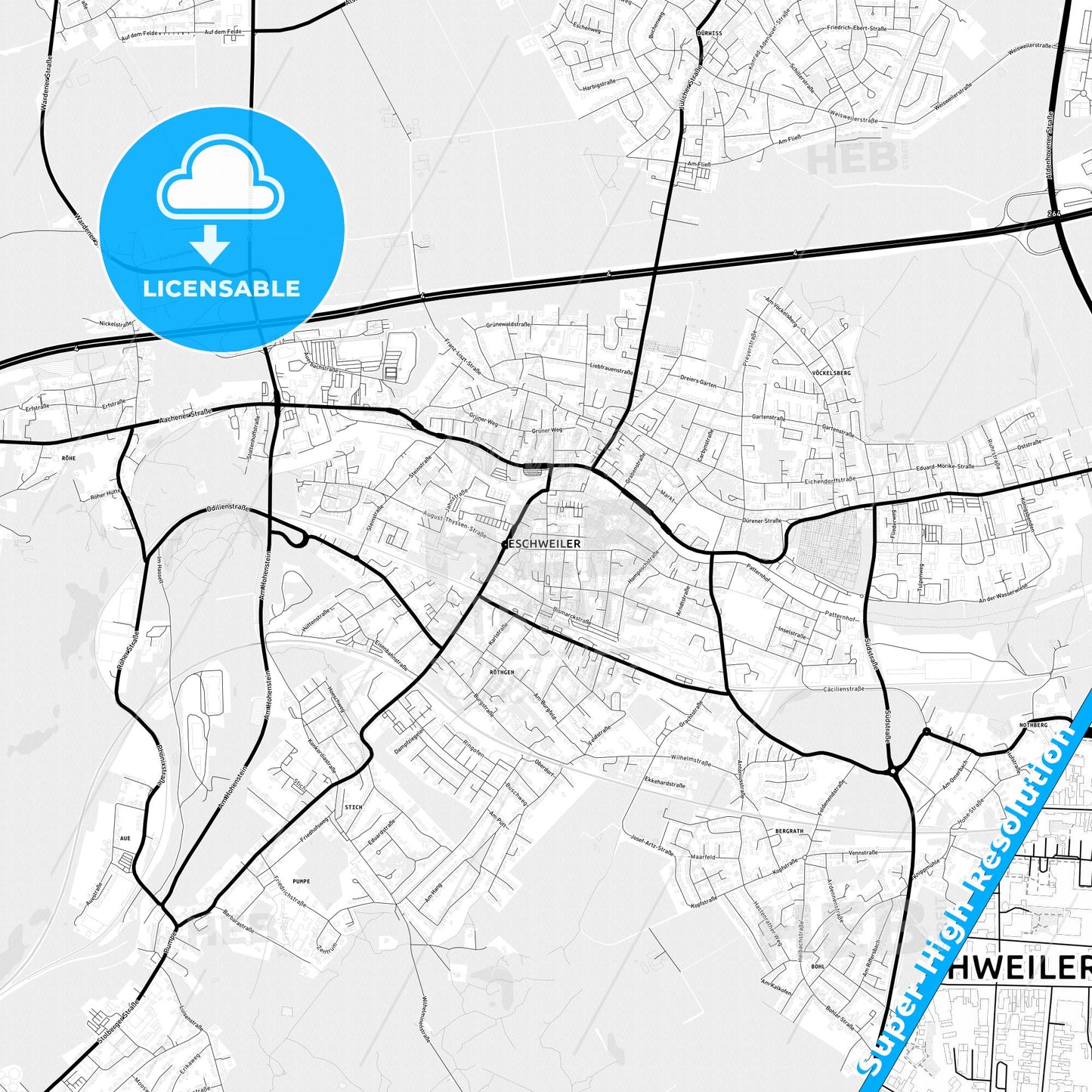 Eschweiler, Germany Light Map with Street Names, City Names, and Districts