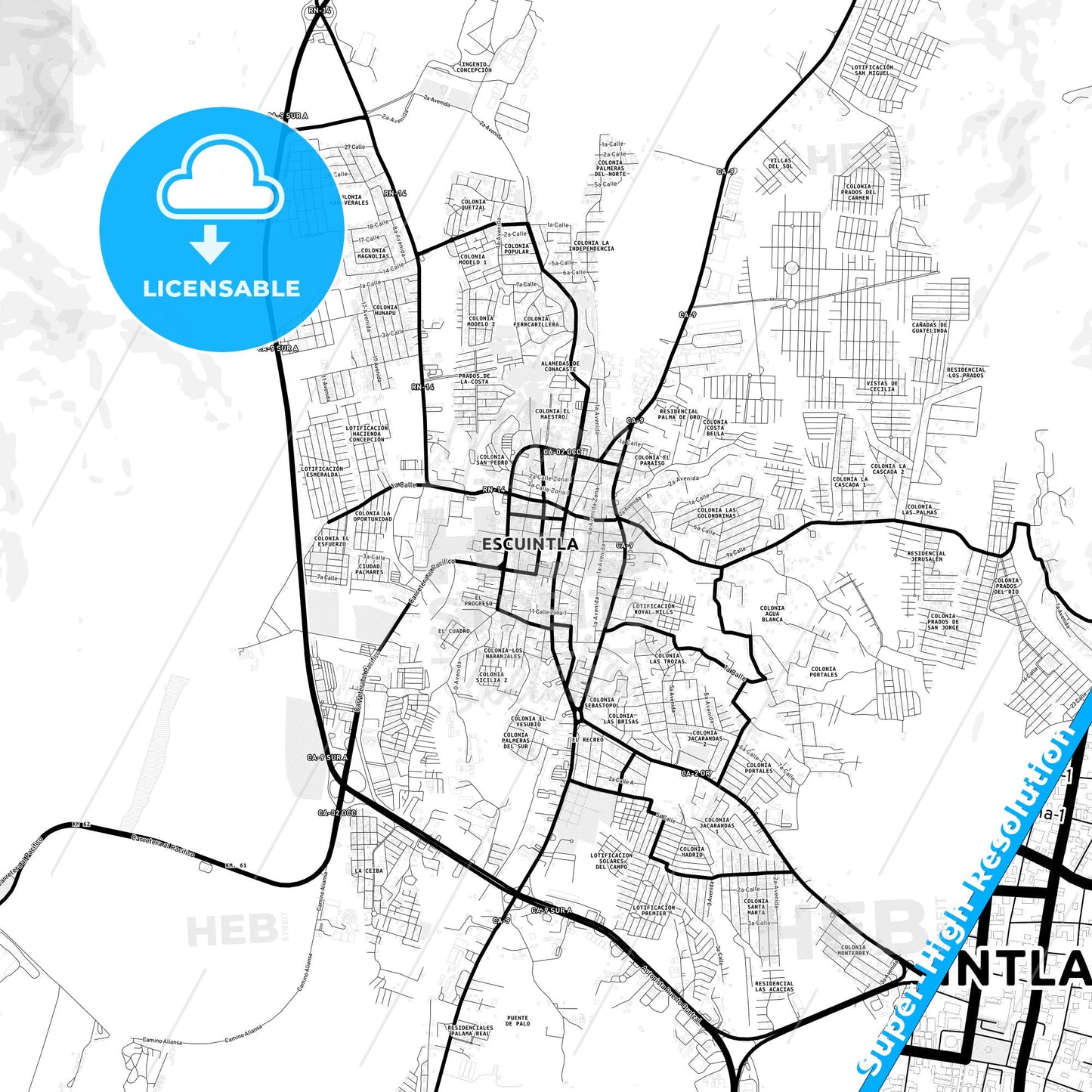 Escuintla, Guatemala Light Map with Street Names, City Names, and Districts