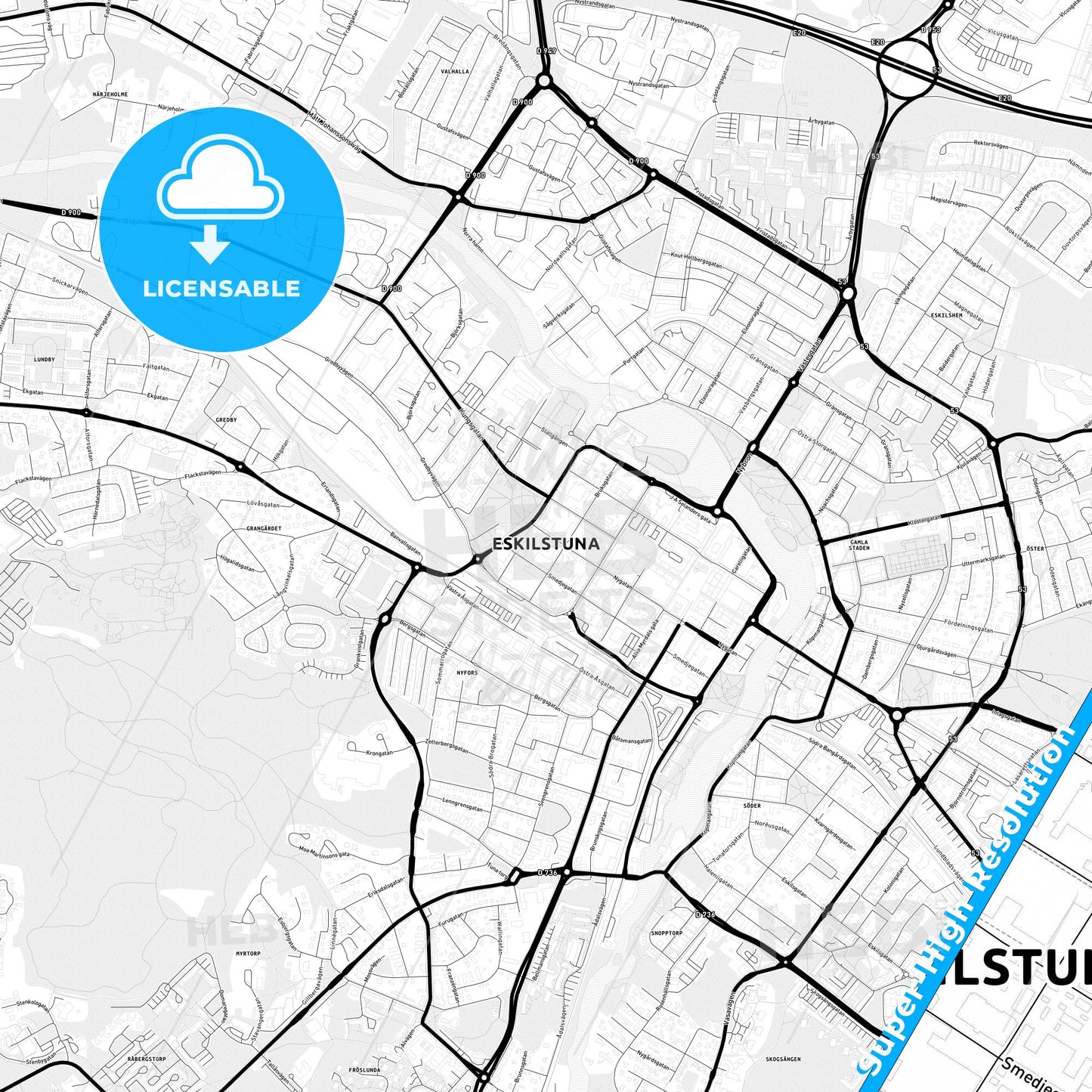 Eskilstuna, Sweden Light Map with Street Names, City Names, and Districts