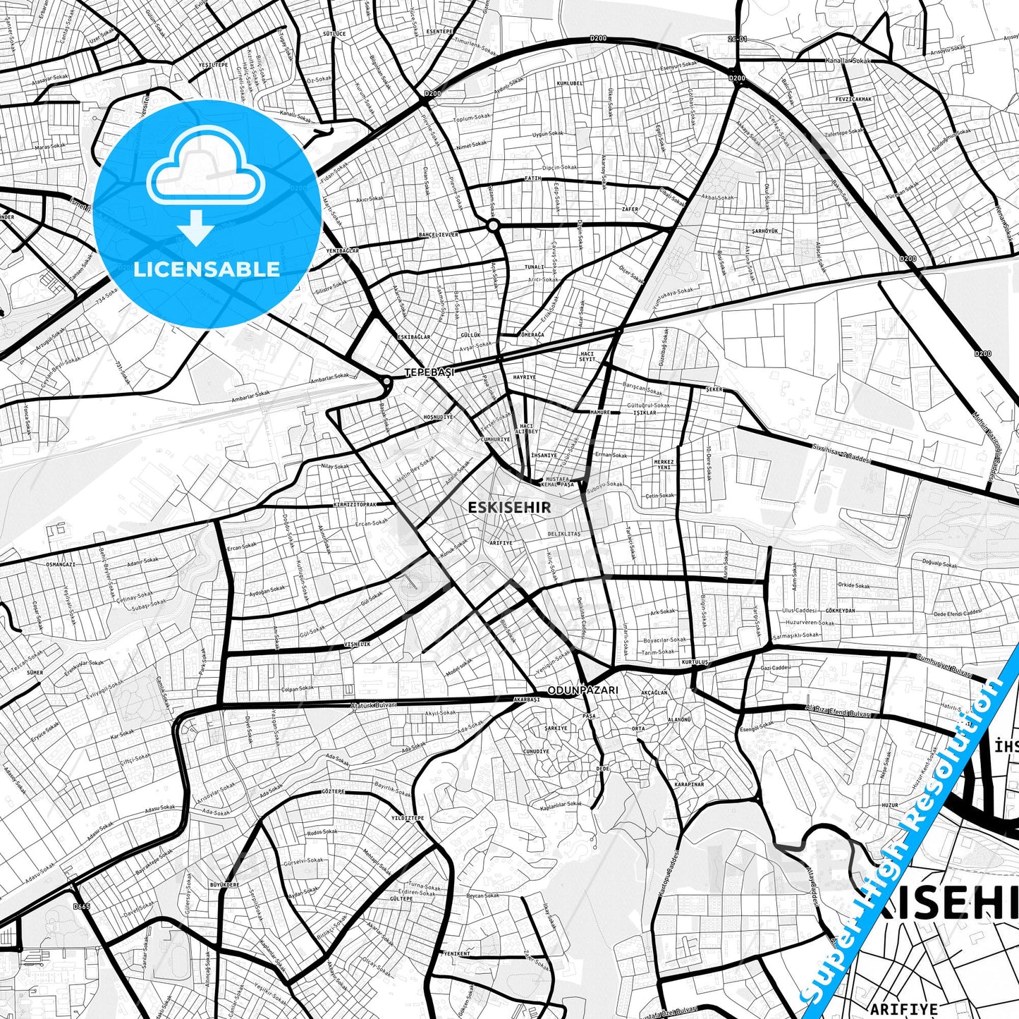 Eskişehir, Turkey Light Map with Street Names, City Names, and Districts