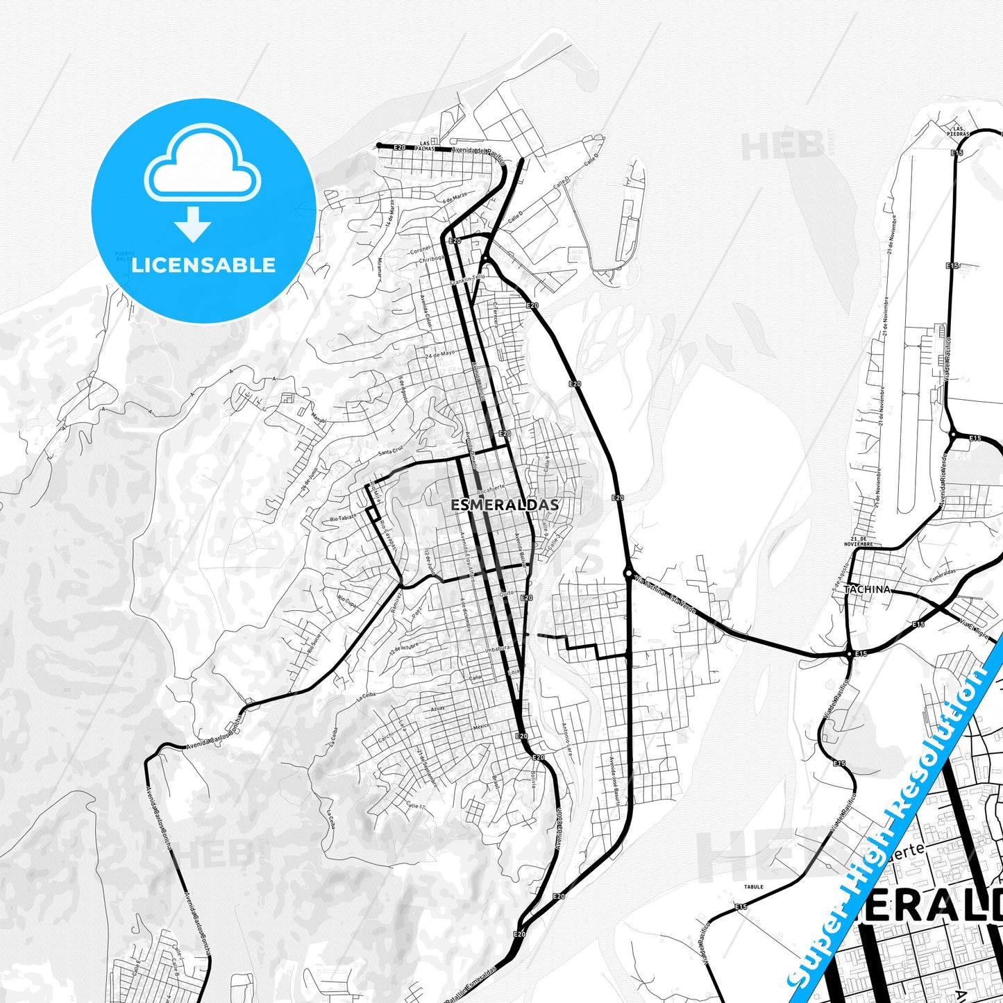 Esmeraldas, Ecuador Light Map with Street Names, City Names, and Districts