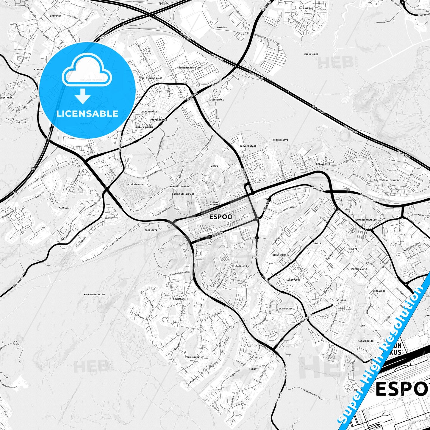 Espoo, Finland Light Map with Street Names, City Names, and Districts