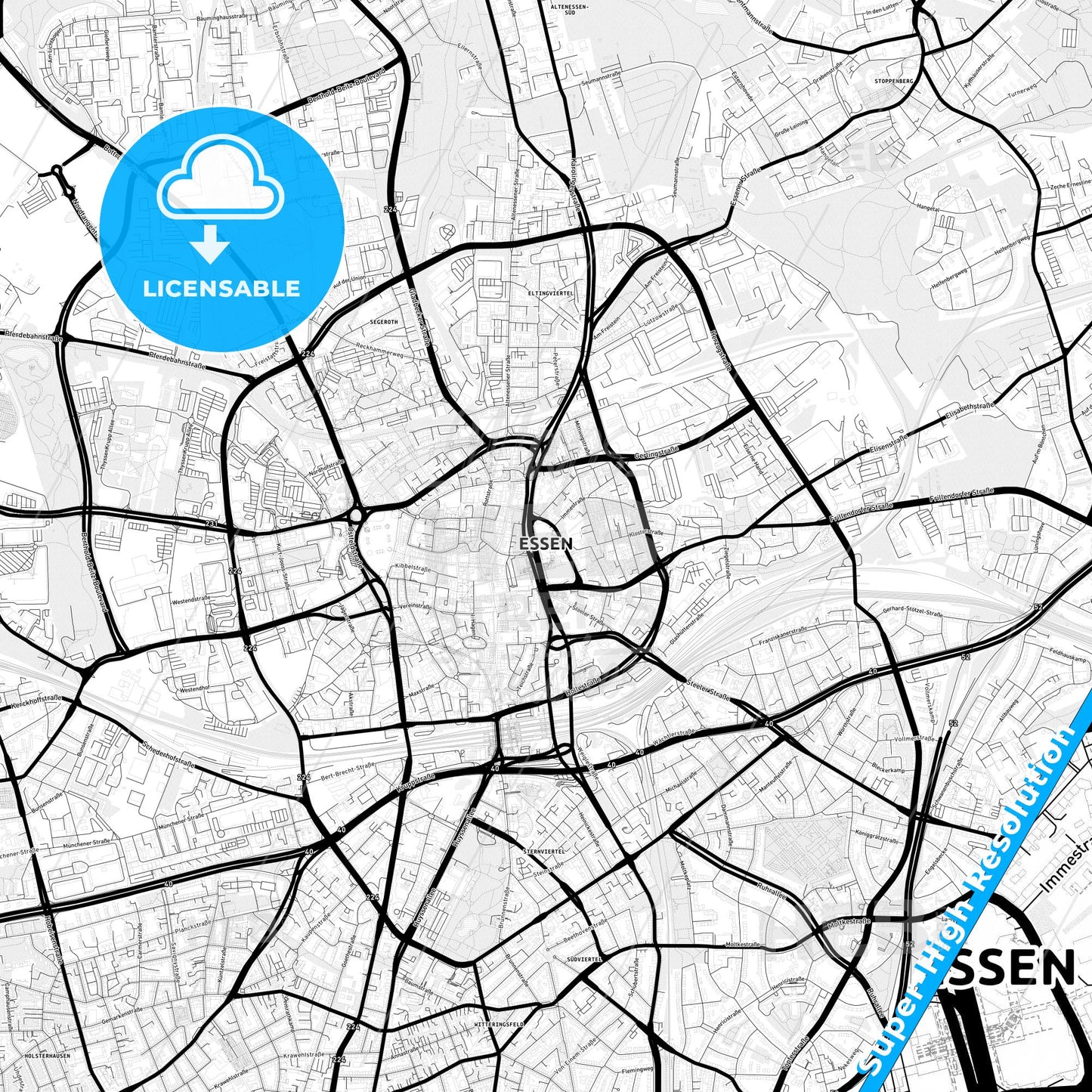 Essen, Germany Light Map with Street Names, City Names, and Districts