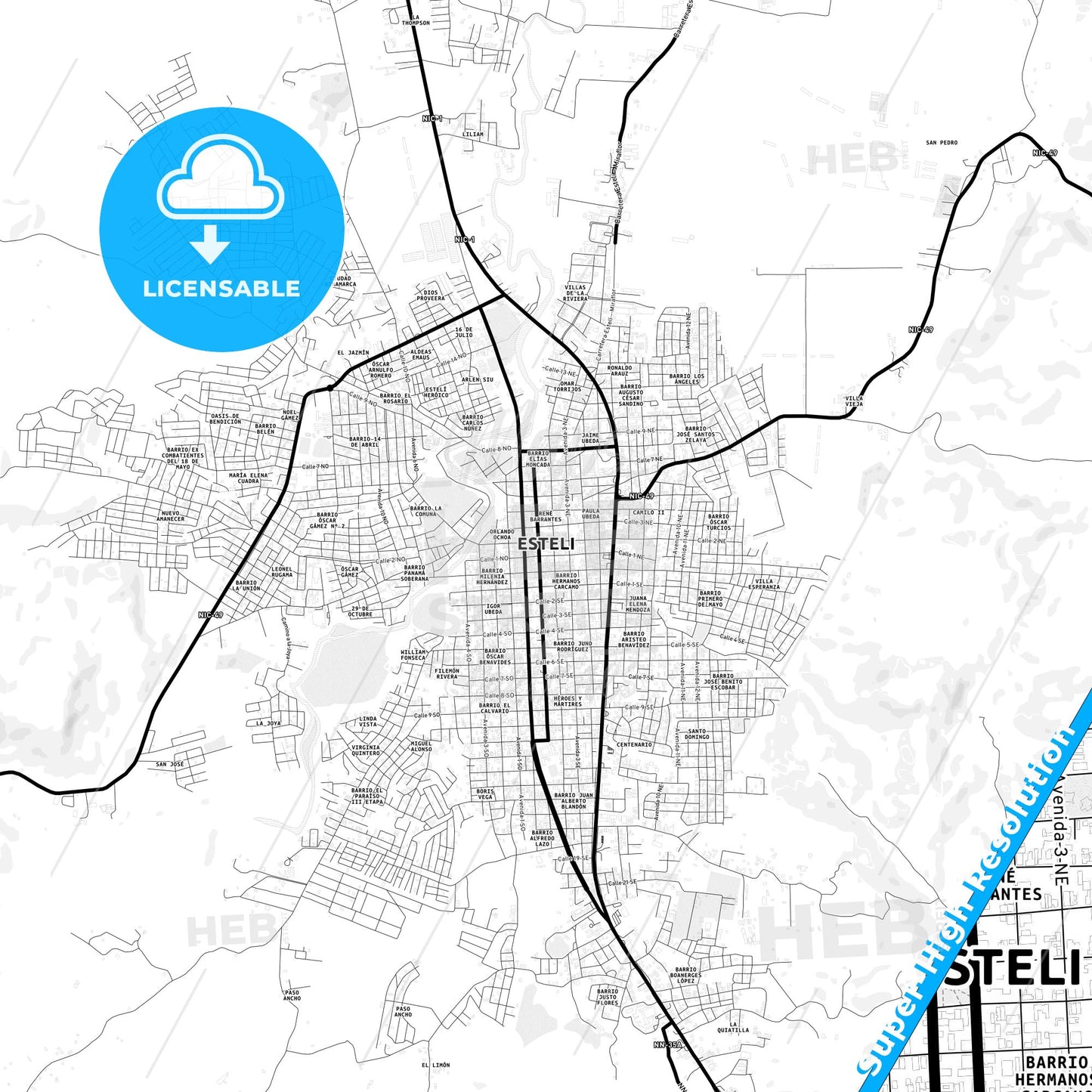 Esteli, Nicaragua Light Map with Street Names, City Names, and Districts