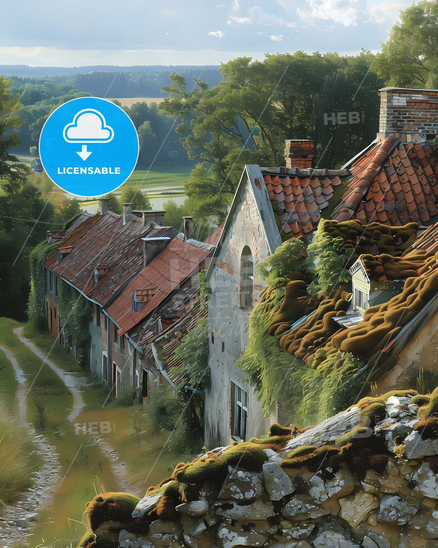 Estonia Europe Historic Old City Colorful Buildings Moss Roof Art Painting