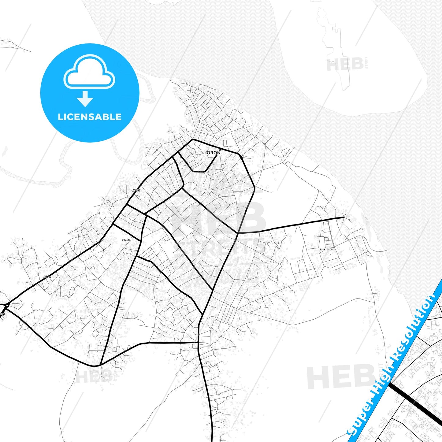 Esuk Oron, Nigeria Light Map with Street Names, City Names, and Districts