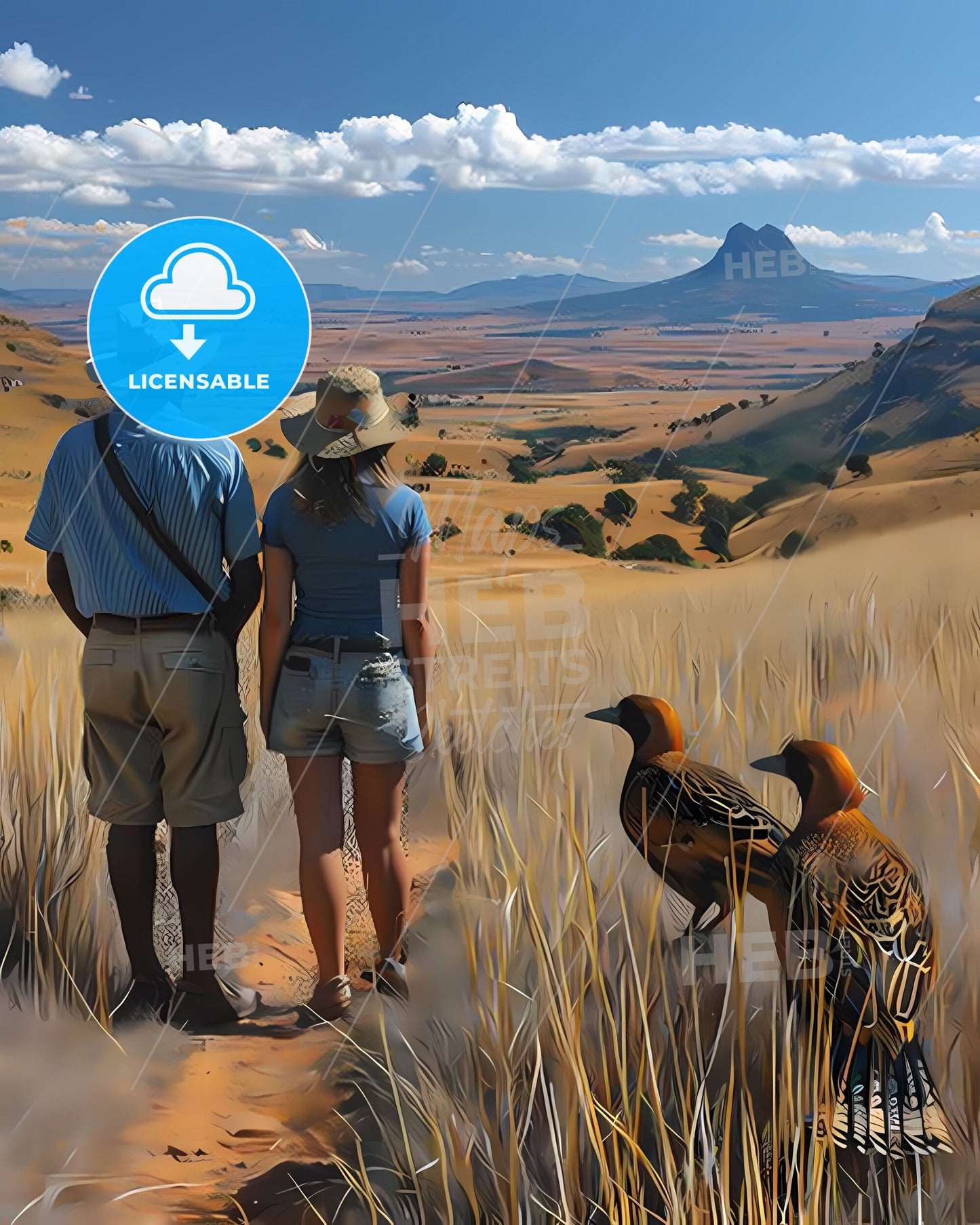 Vibrant African Art: Man and Woman on Path with Distant Birds