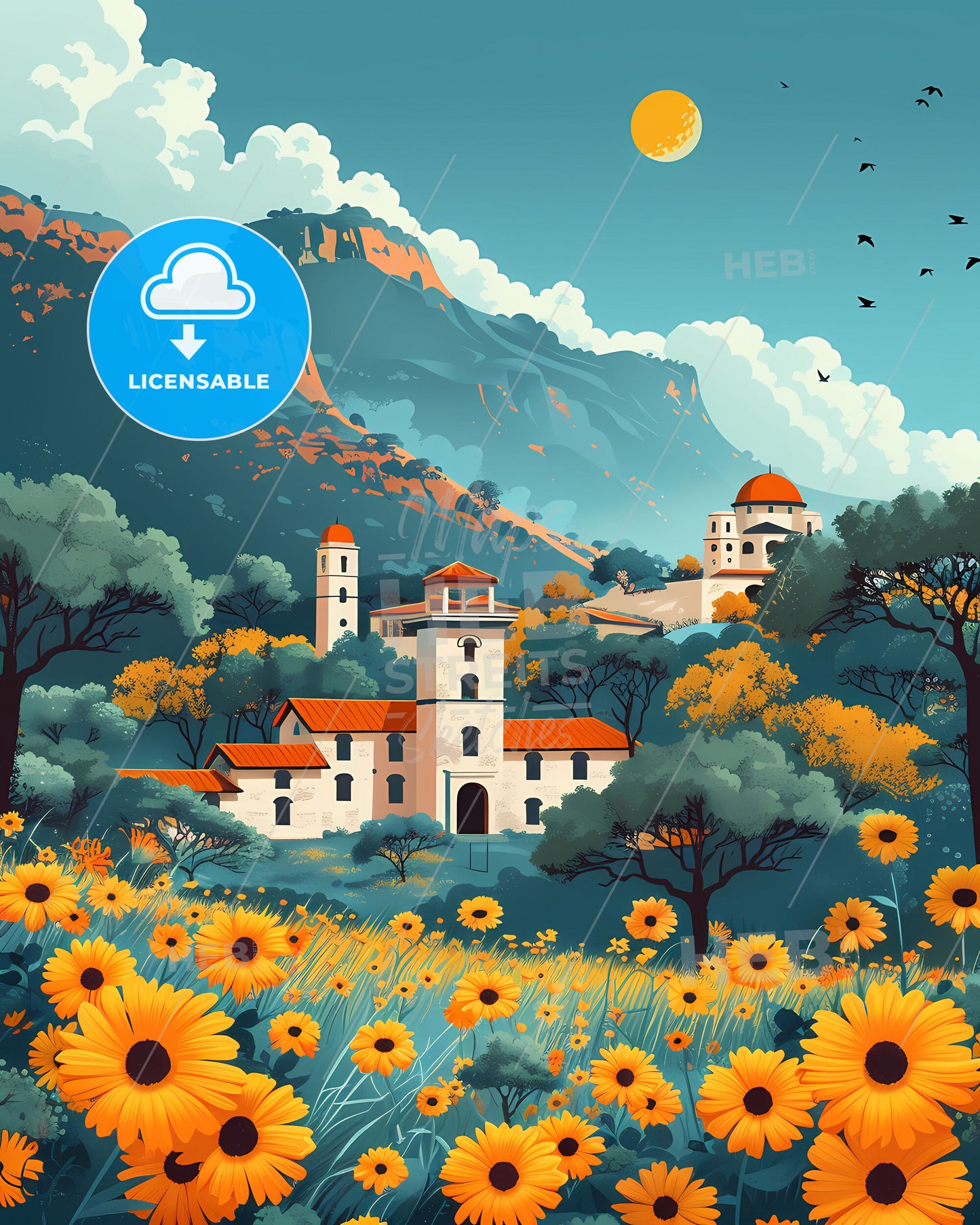 Vibrant Eswatini Landscape Painting with Building and Flowers