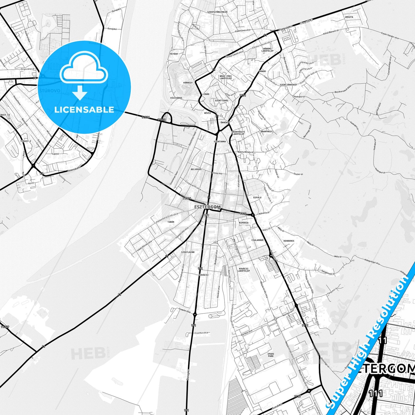 Esztergom, Hungary Light Map with Street Names, City Names, and Districts