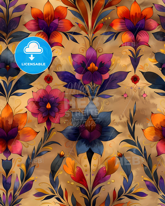 Colorful ethnic floral pattern, watercolor brush painting, fabric illustration, 3D artwork, vibrant art
