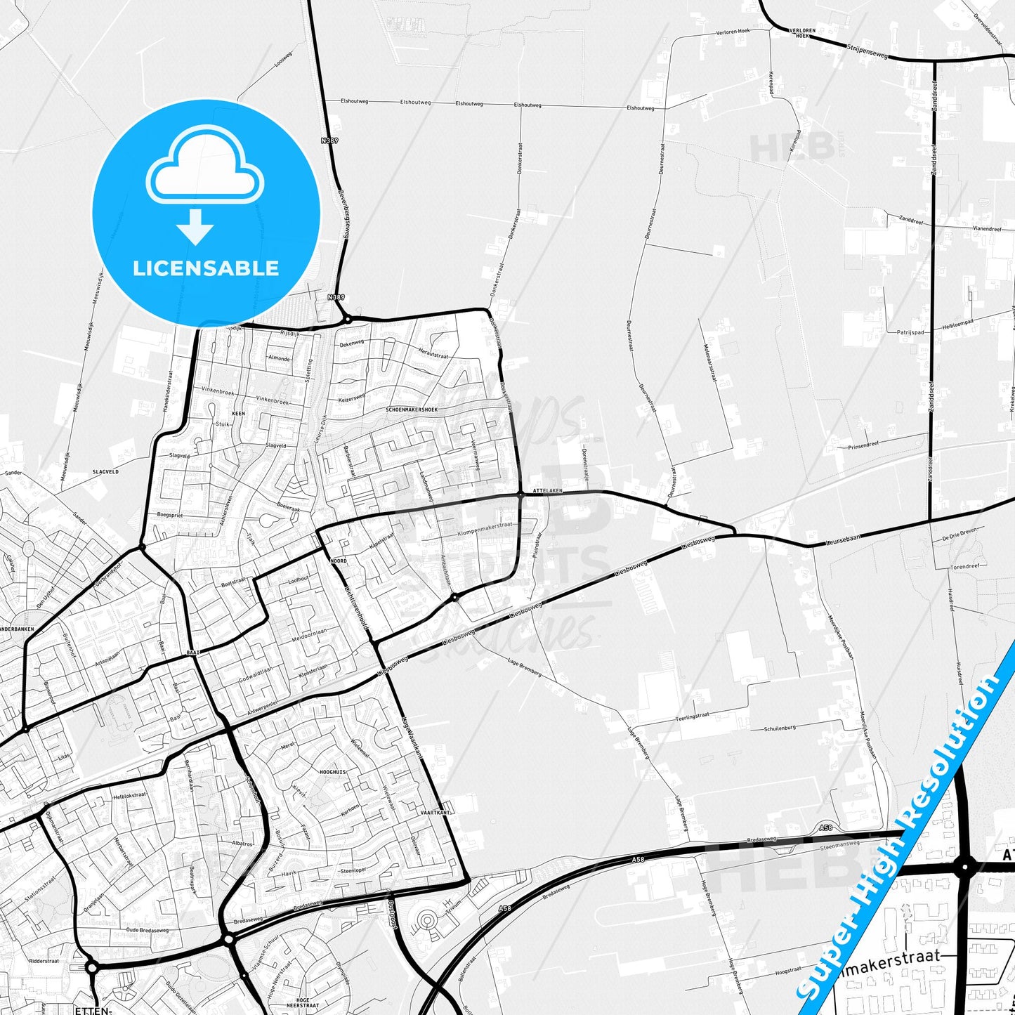 Etten-Leur, Netherlands Light Map with Street Names, City Names, and Districts