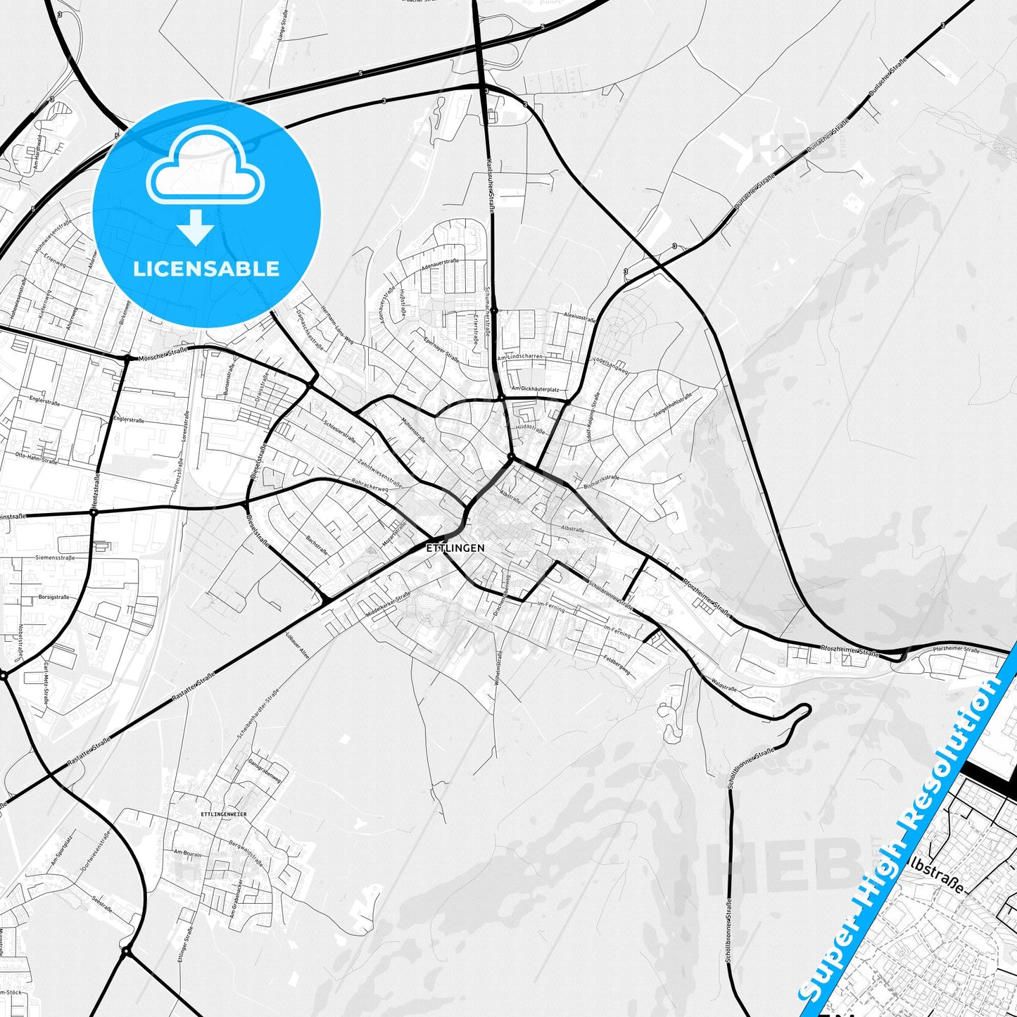 Ettlingen, Germany Light Map with Street Names, City Names, and Districts