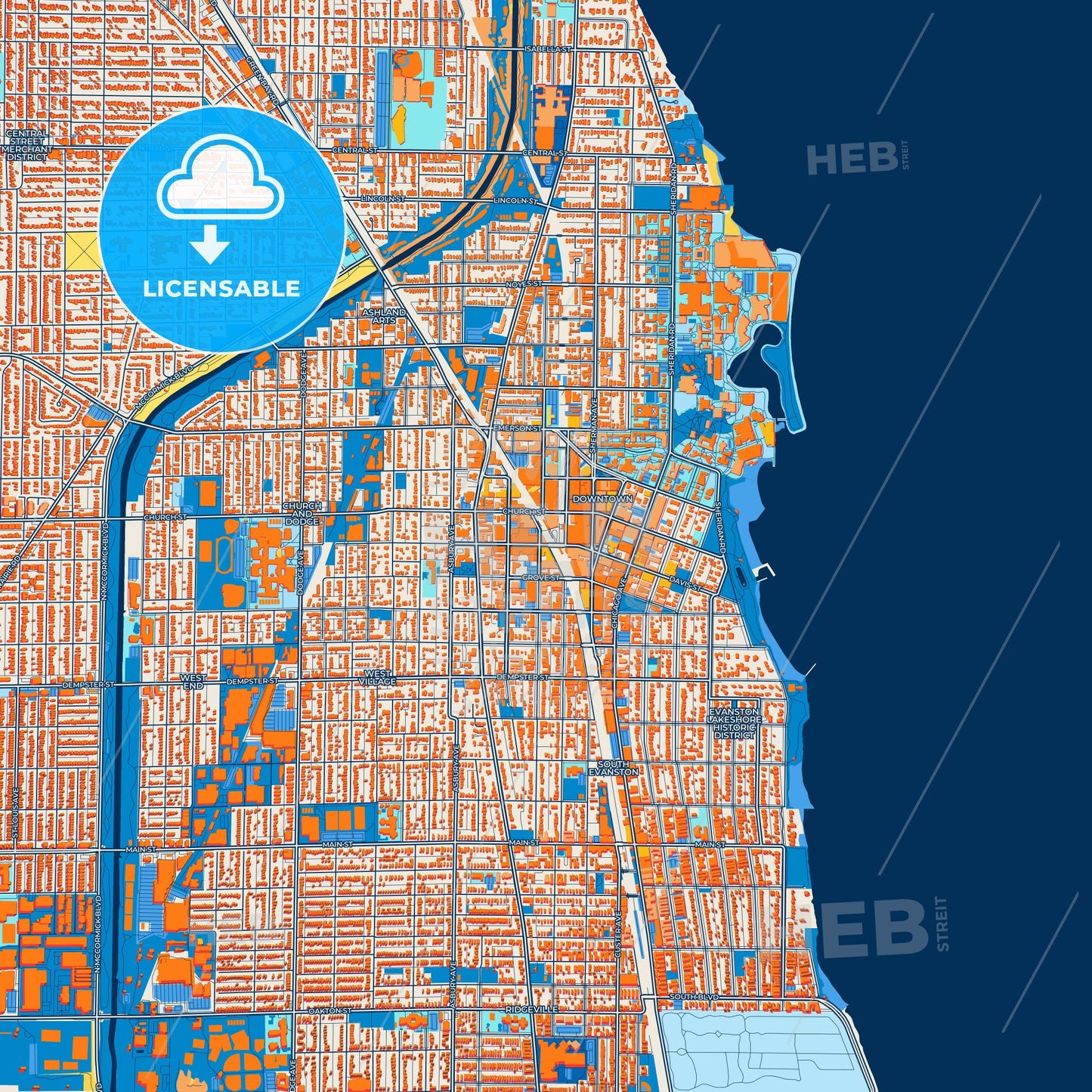 Colorful Evanston Street Map with Labels and Buildings