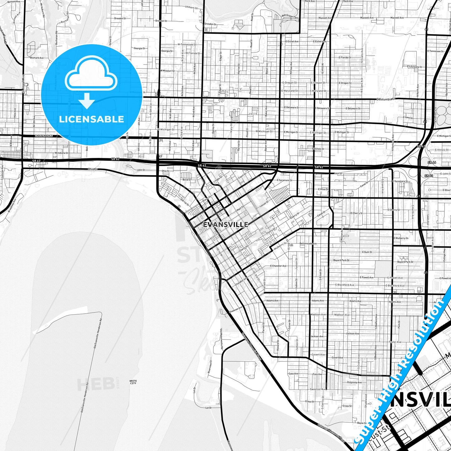 Evansville, Indiana Light Map with Street Names, City Names, and Districts