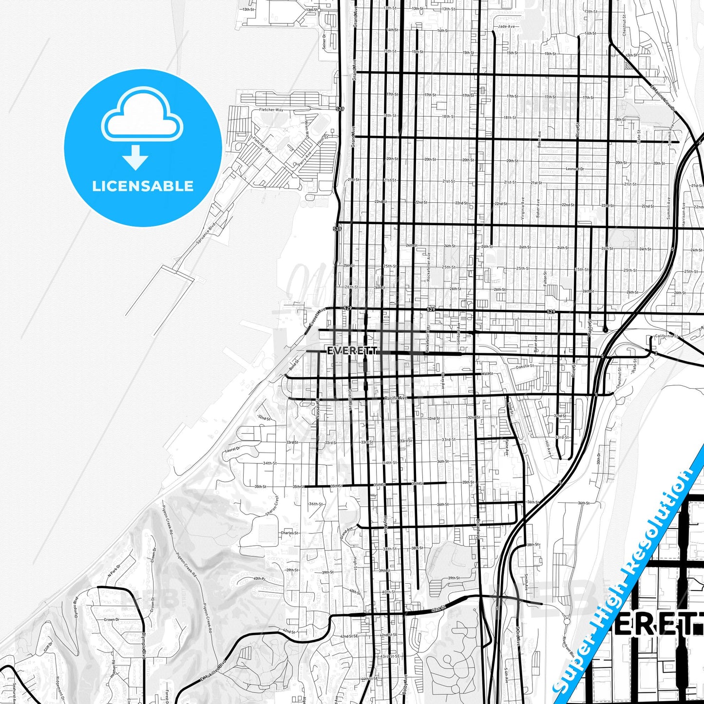 Everett, Washington Light Map with Street Names, City Names, and Districts