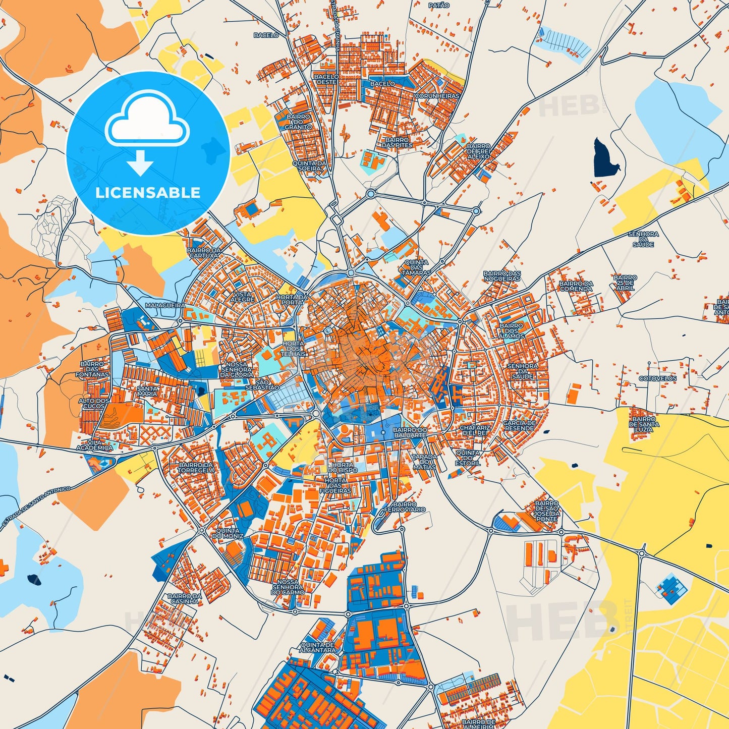 Colorful Évora Street Map with Labels and Buildings