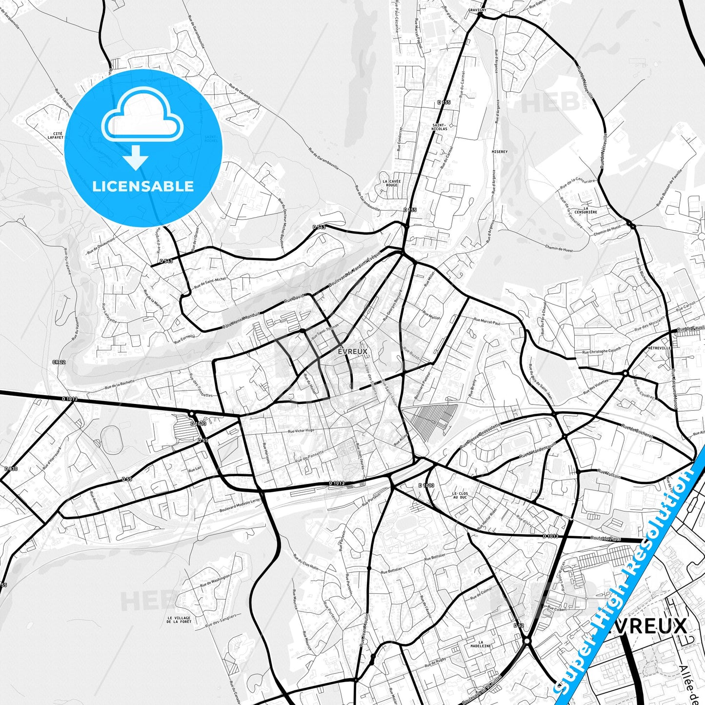 Évreux, France Light Map with Street Names, City Names, and Districts