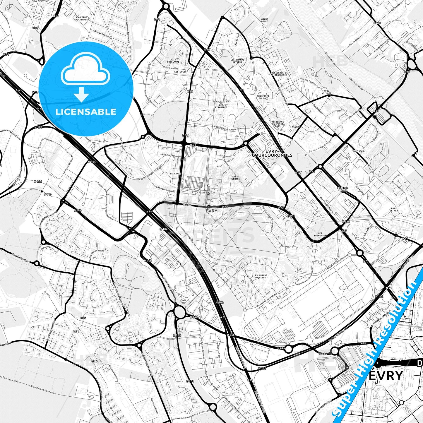 Évry, France Light Map with Street Names, City Names, and Districts