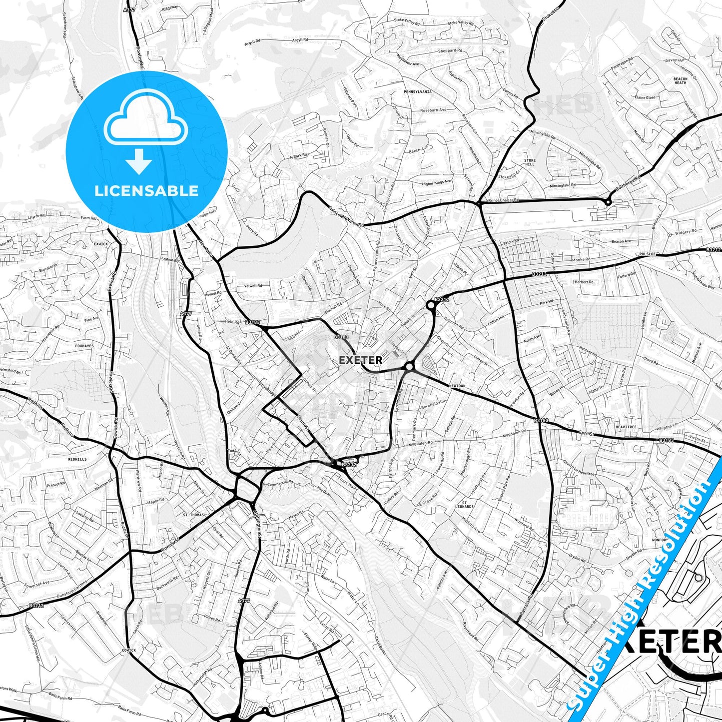 Exeter, England Light Map with Street Names, City Names, and Districts