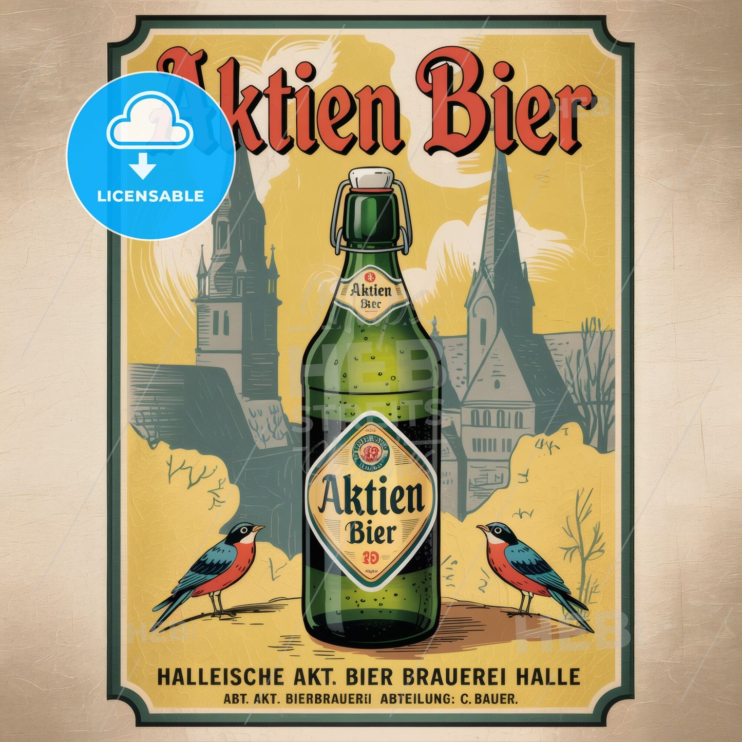 Exquisite Early 20th Century German Aktien Bier Vintage Art Nouveau Poster