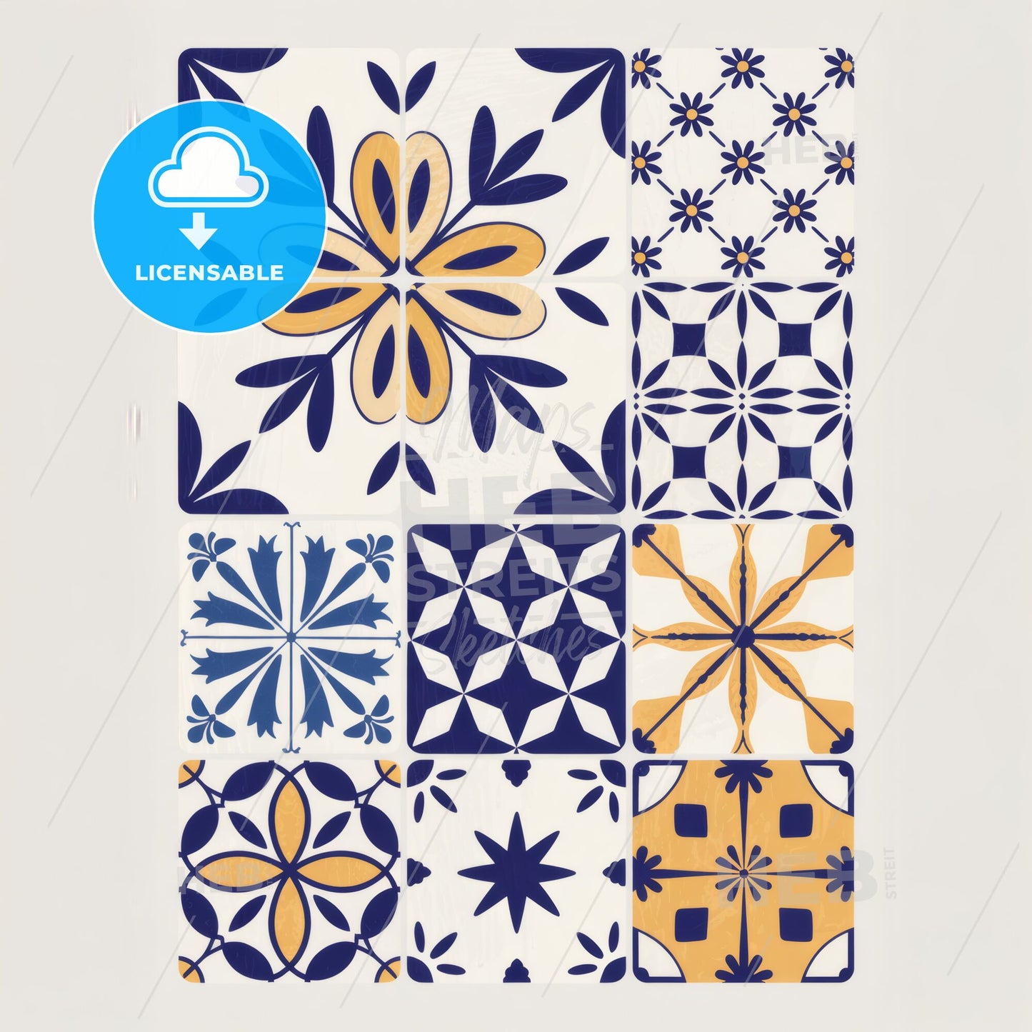 Exquisite Handcrafted Portuguese Azulejo Tile Print: Blue & Yellow Floral Mosaic