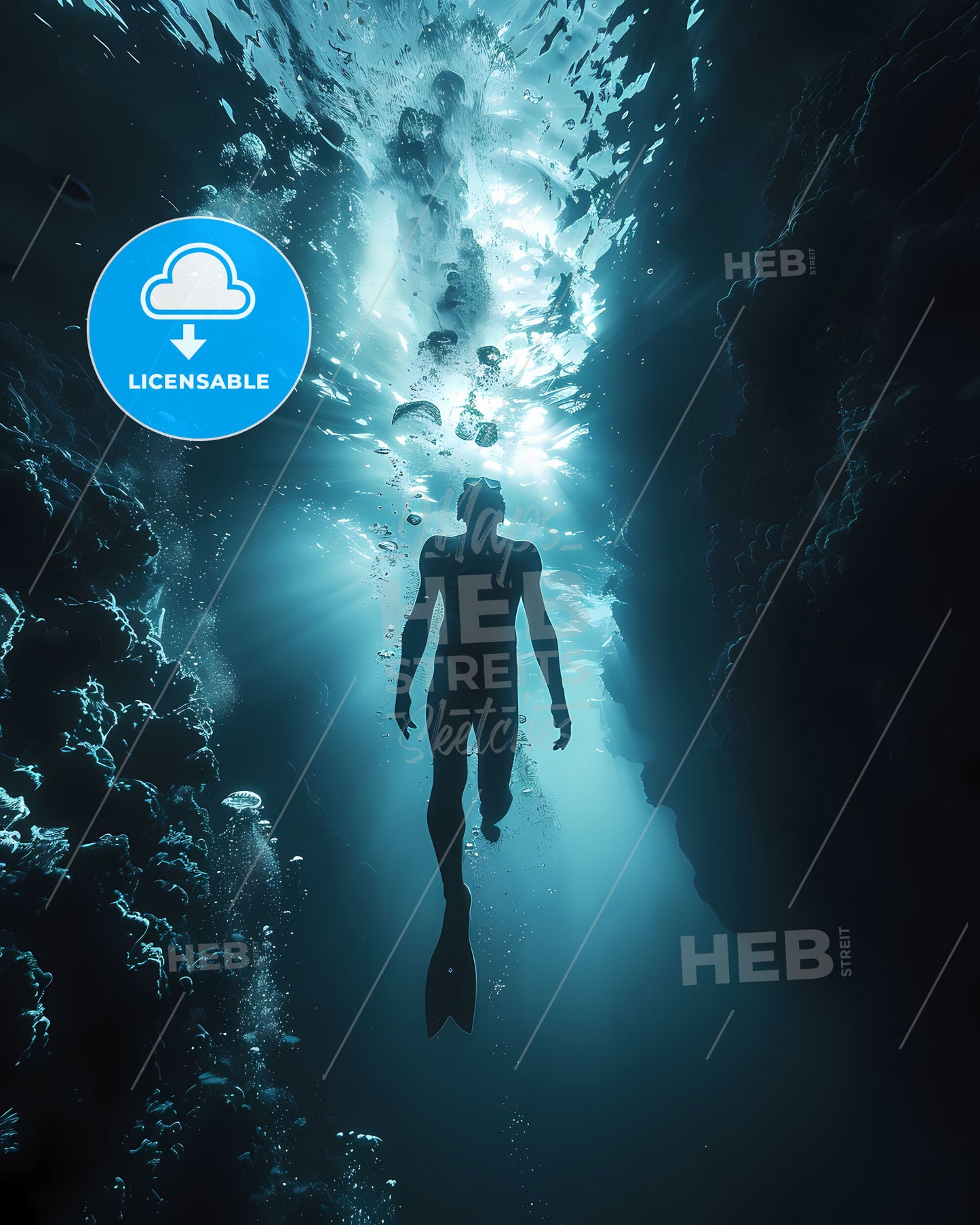 Artistic Underwater Exploration: Vibrant Painting of a Free Diver in Azure Depths