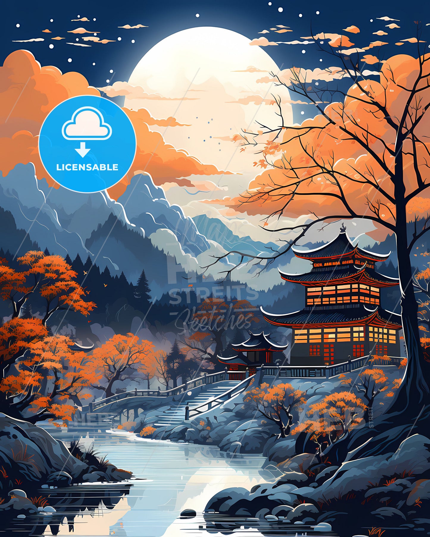 Artistic Painting of Ezhou City Skyline with Buildings, River and Mountains