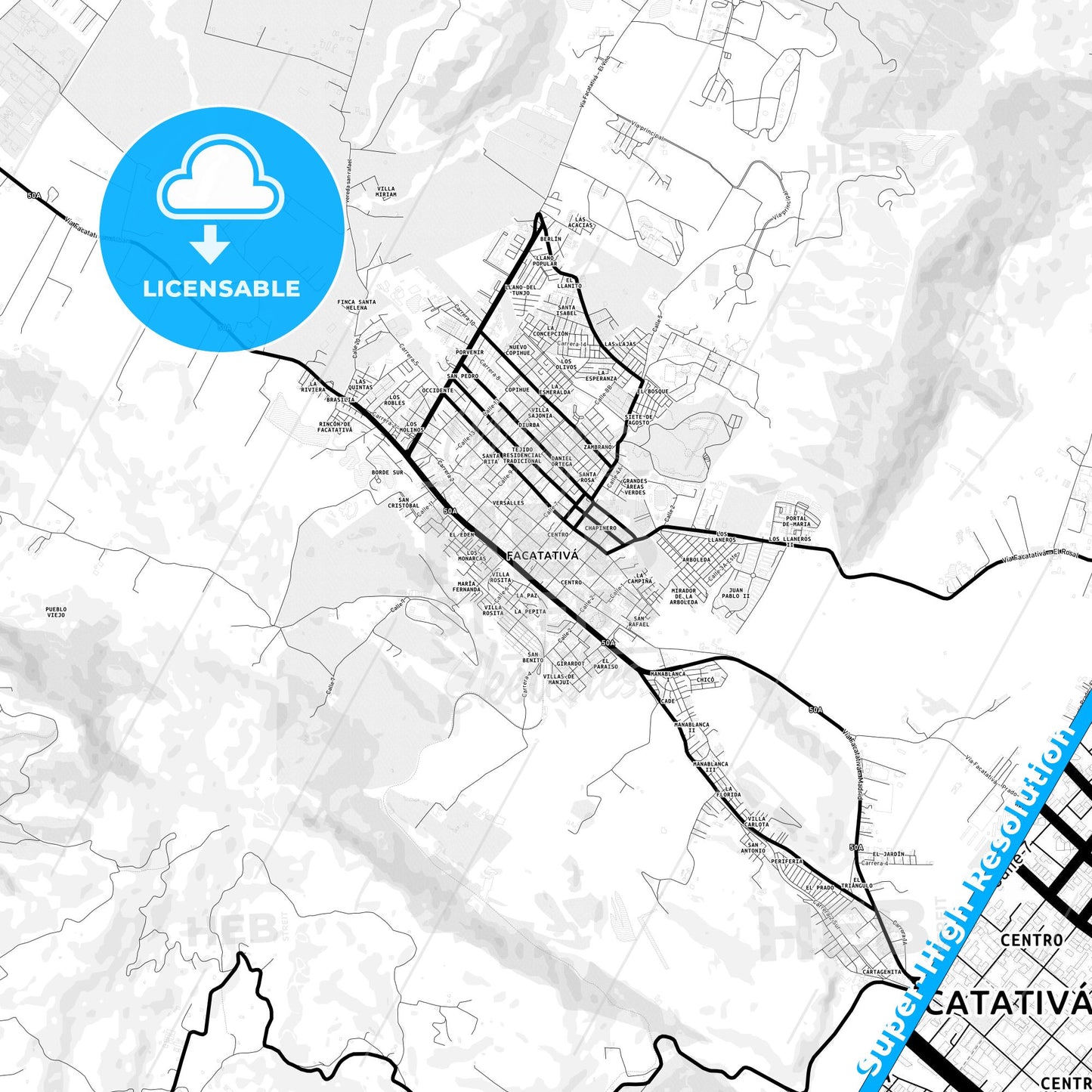 Facatativa, Colombia Light Map with Street Names, City Names, and Districts