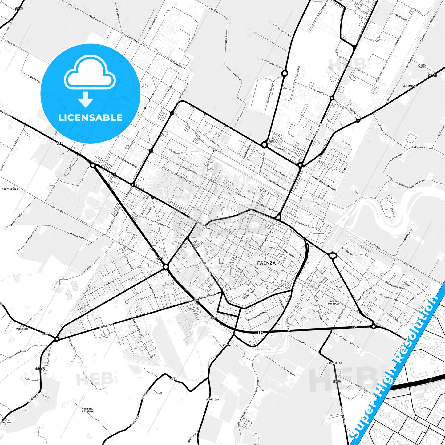 Faenza, Italy Light Map with Street Names, City Names, and Districts
