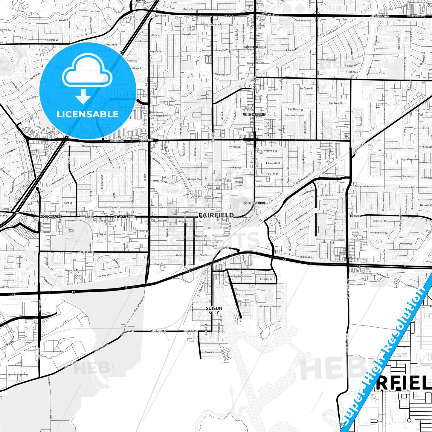 Fairfield, California Light Map with Street Names, City Names, and Districts