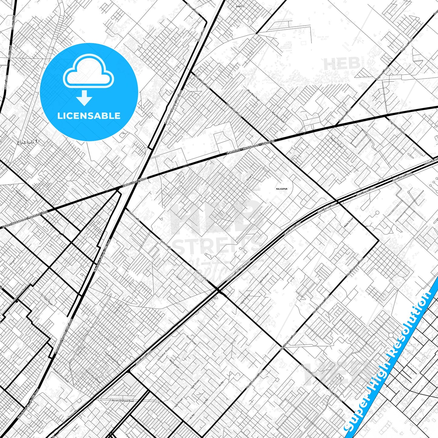 Faisalabad, Pakistan Light Map with Street Names, City Names, and Districts