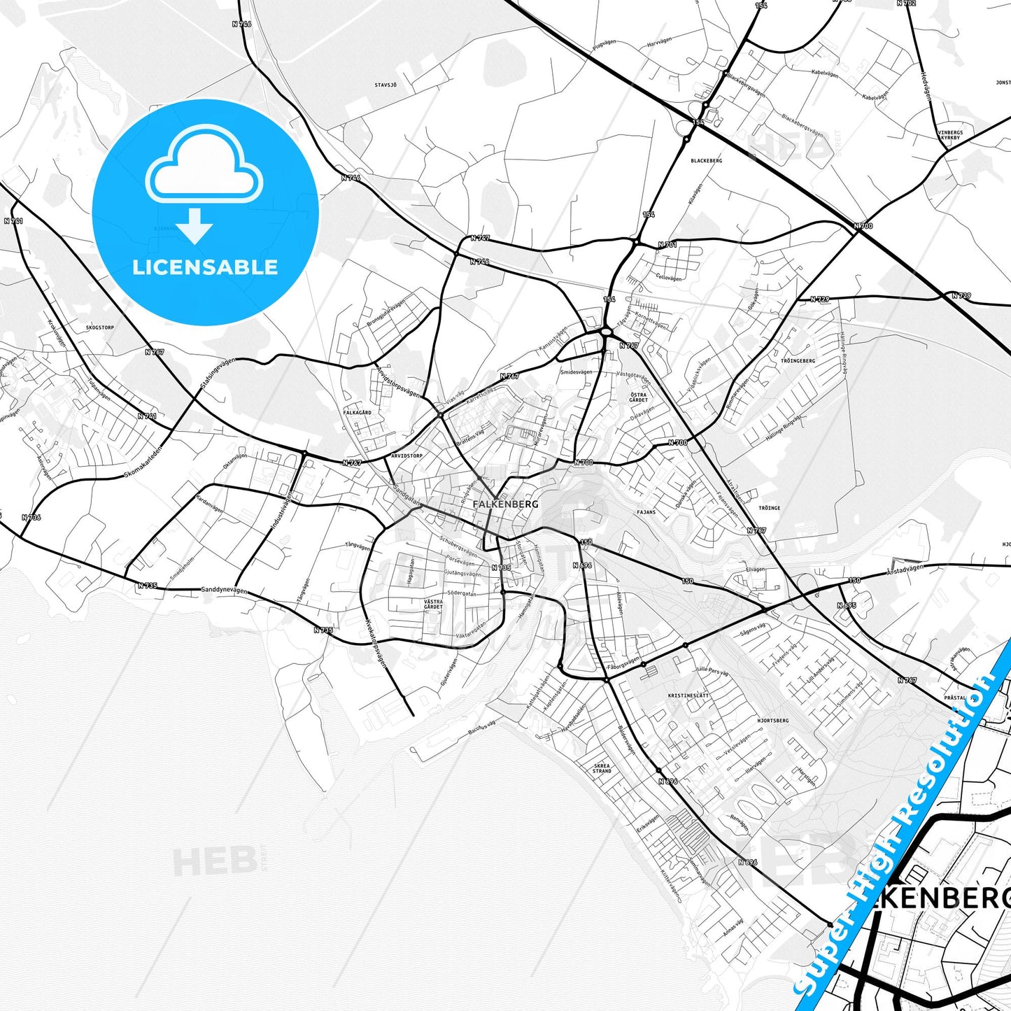 Falkenberg, Sweden Light Map with Street Names, City Names, and Districts
