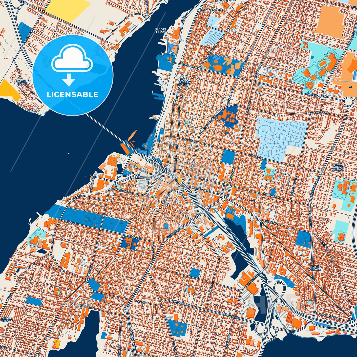 Colorful Fall River Street Map with Labels and Buildings