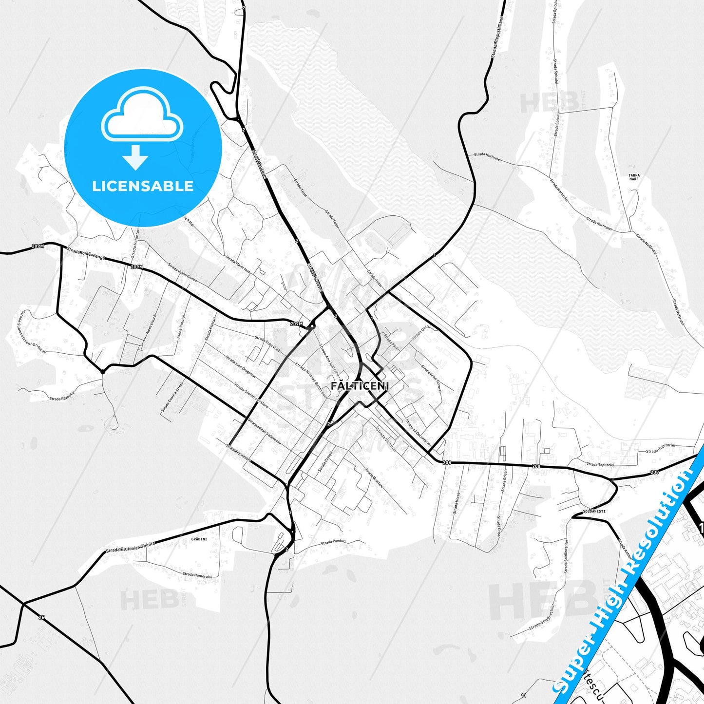 Fălticeni, Romania Light Map with Street Names, City Names, and Districts