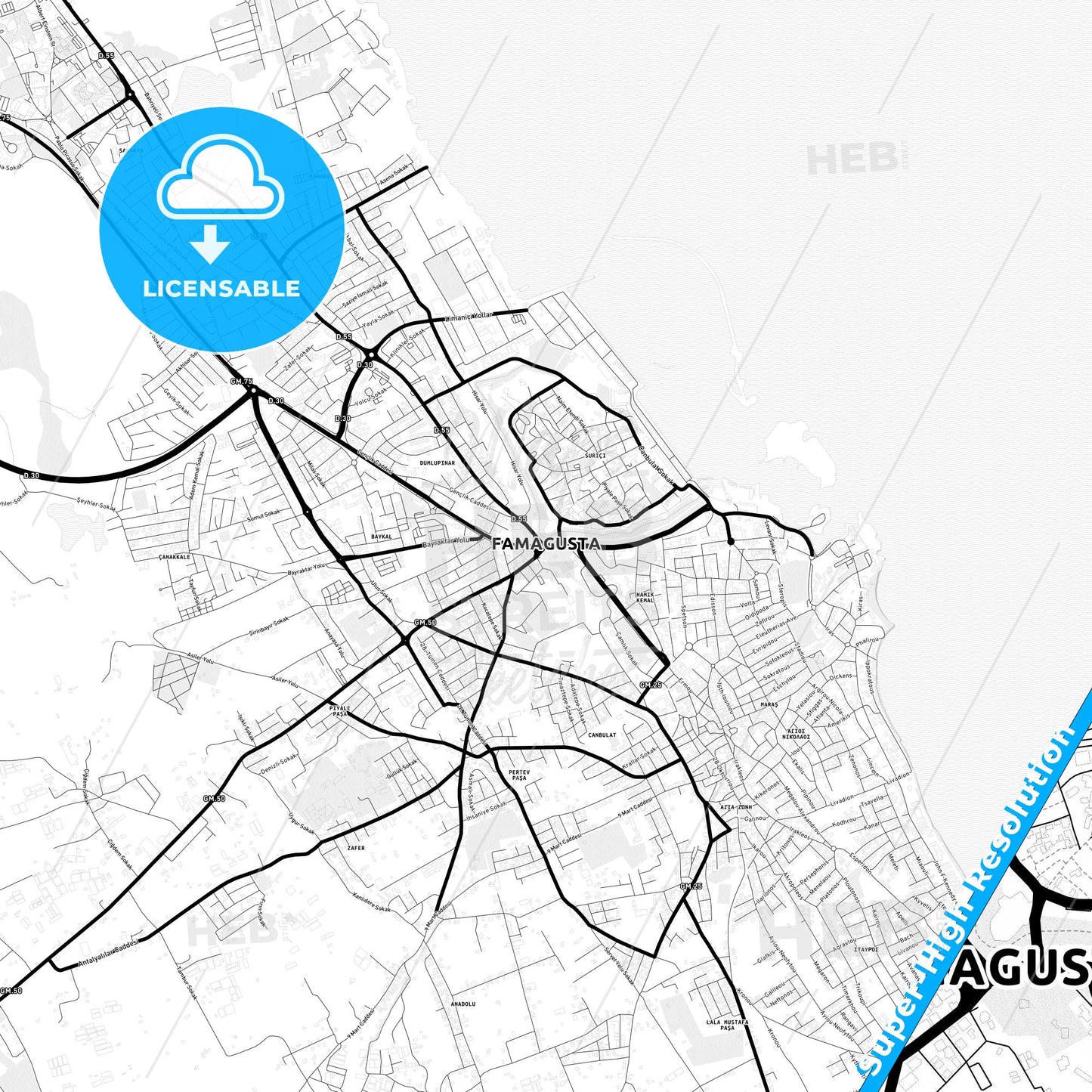 Famagusta , Cyprus Light Map with Street Names, City Names, and Districts
