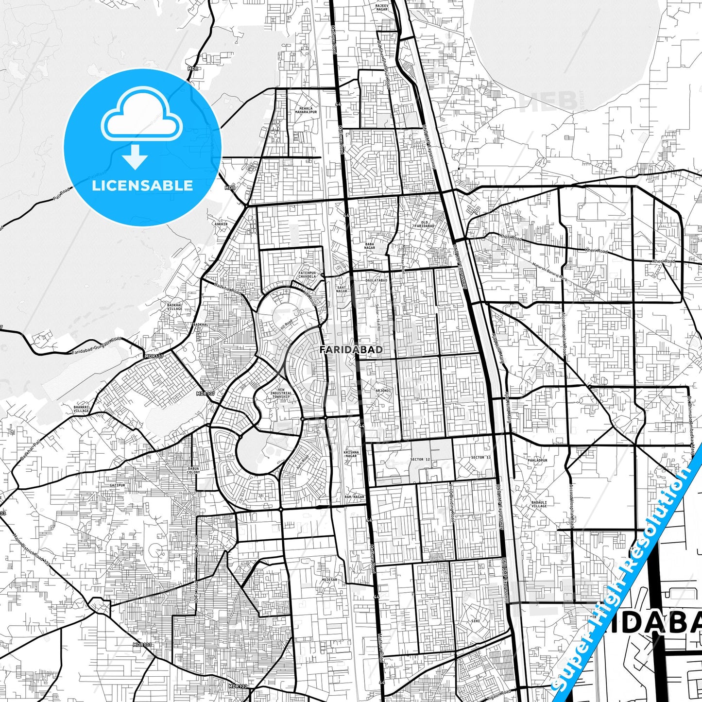 Faridabad, India Light Map with Street Names, City Names, and Districts