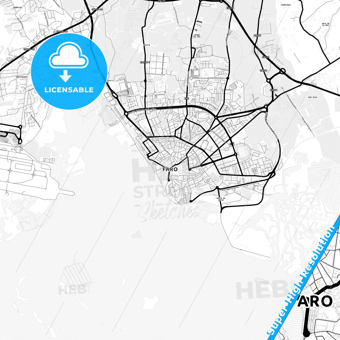 Faro, Portugal Light Map with Street Names, City Names, and Districts