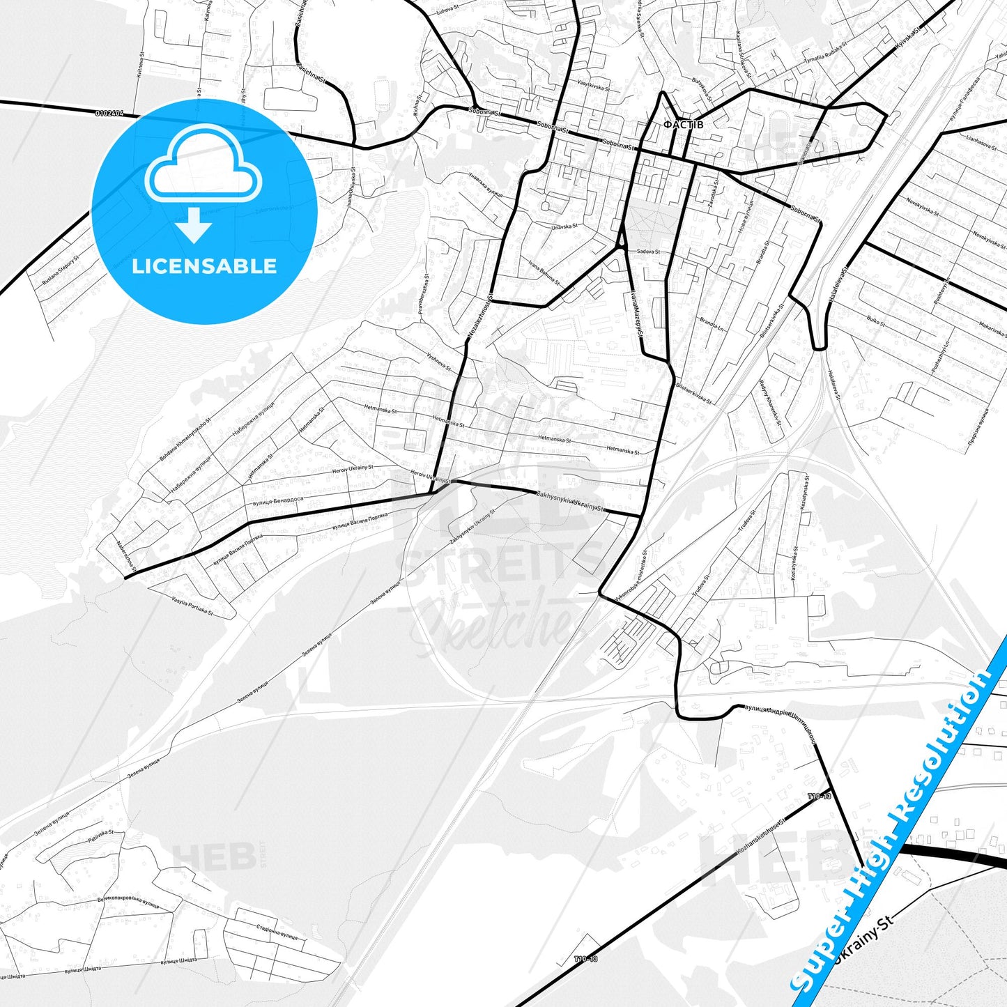 Fastiv, Ukraine Light Map with Street Names, City Names, and Districts