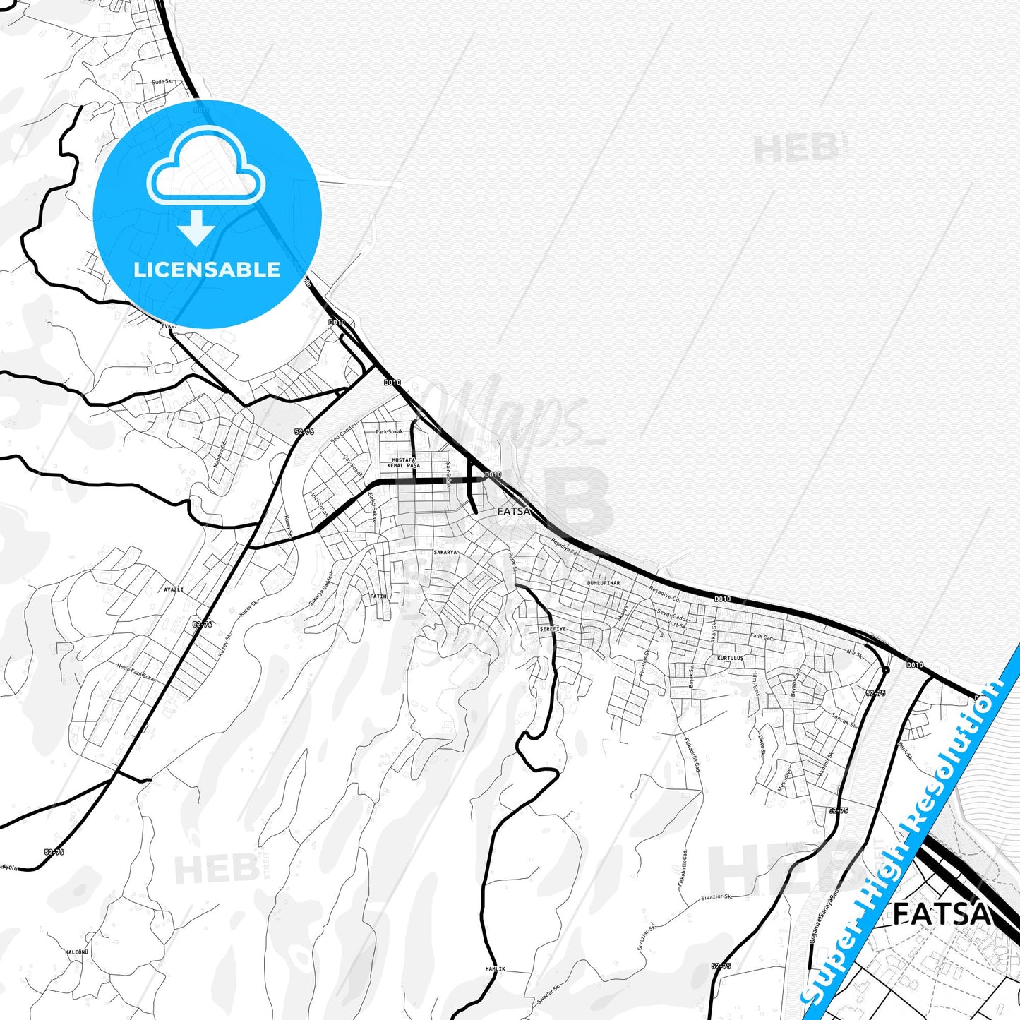 Fatsa, Turkey Light Map with Street Names, City Names, and Districts