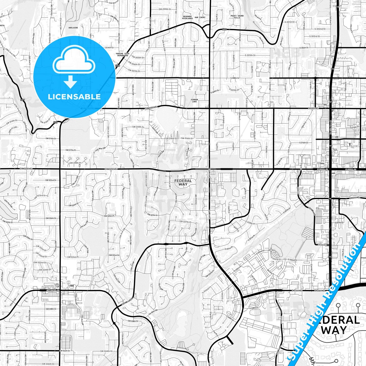 Federal Way, Washington Light Map with Street Names, City Names, and Districts