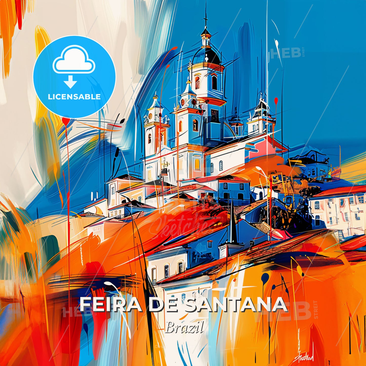 Vibrant Feira De Santana, Brazil - A Painting Of A Building With A Tower And A Blue Sky - Square format print template