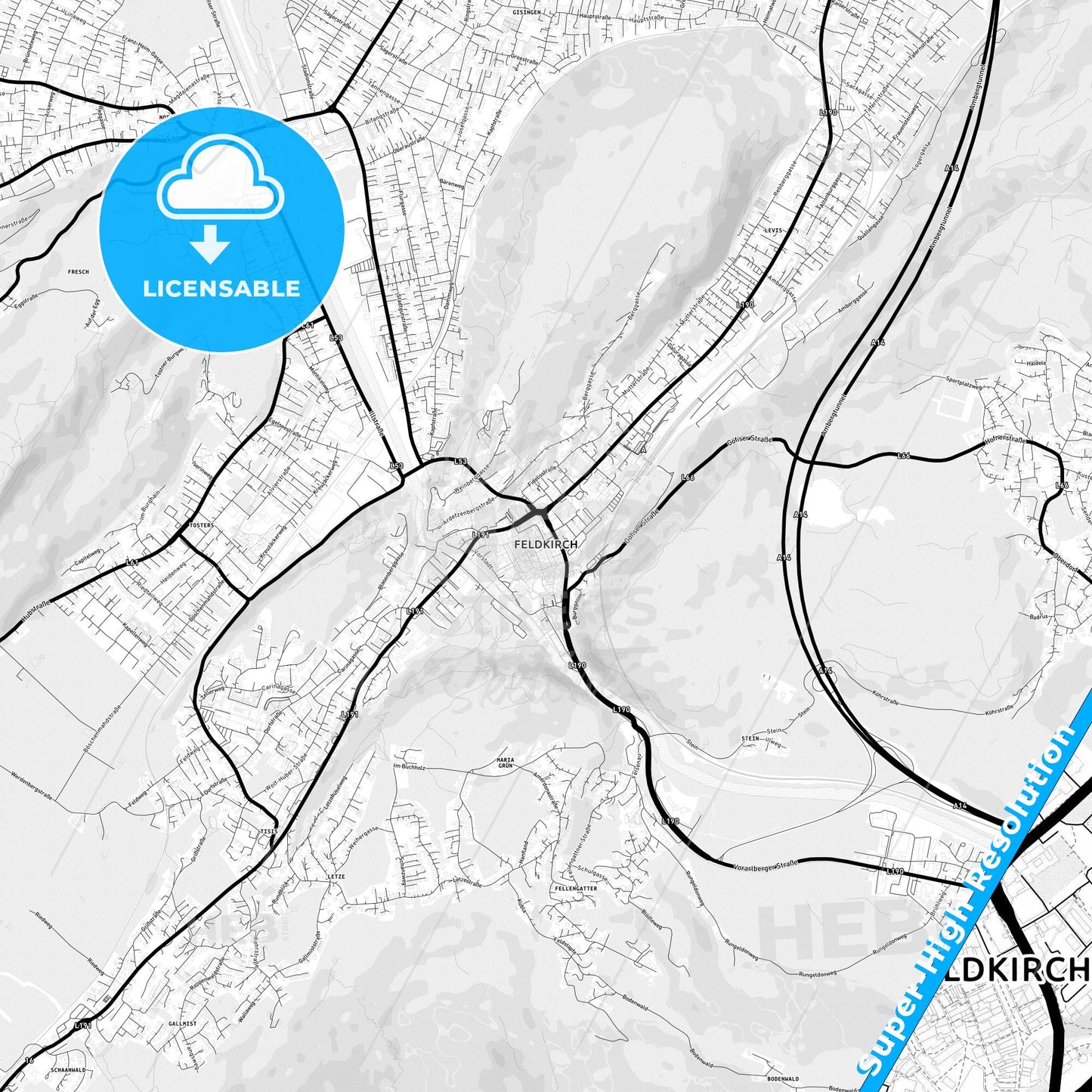 Feldkirch, Austria Light Map with Street Names, City Names, and Districts