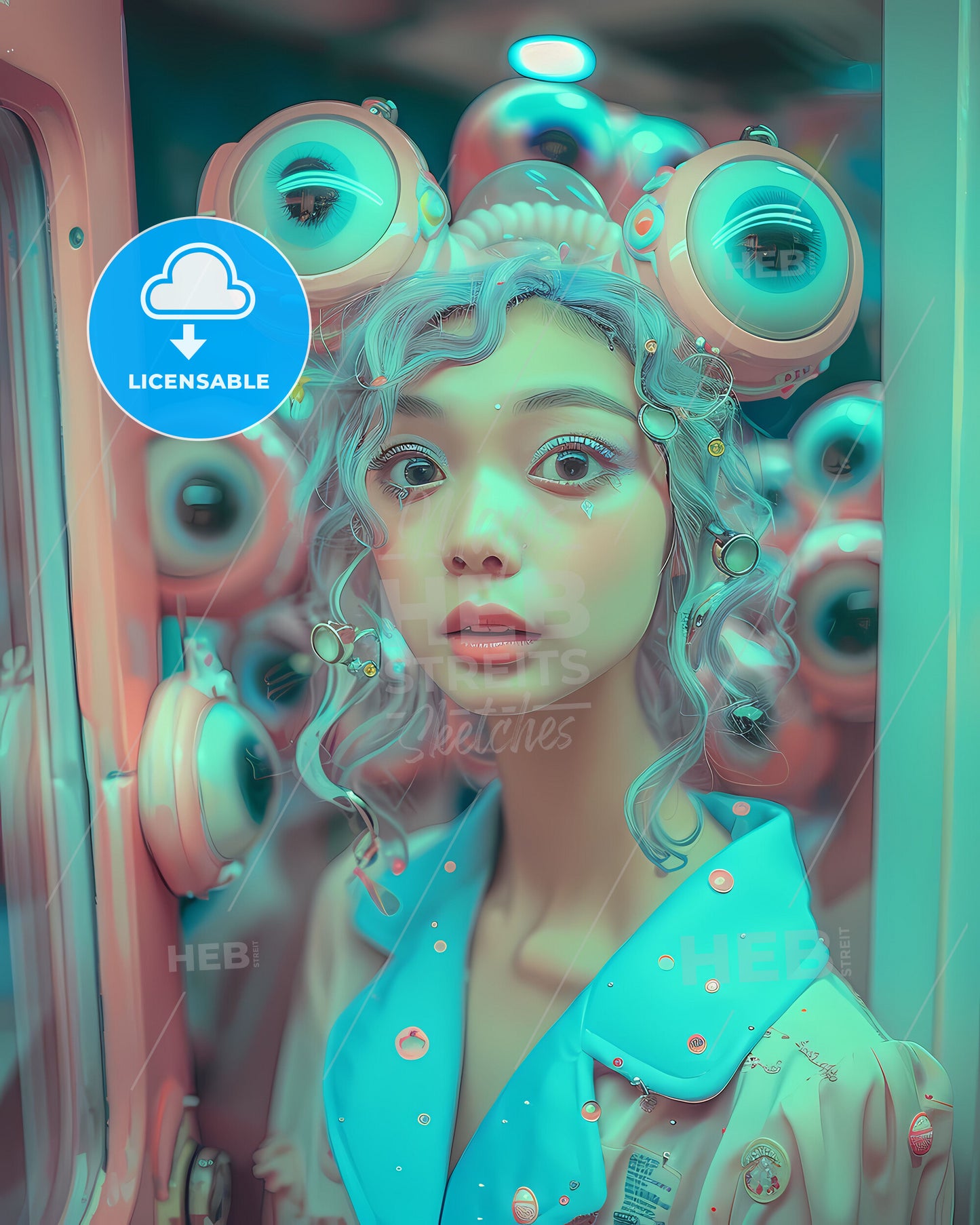 Pastel-Toned Retrofuturistic Woman Enters Charcoal Skyscraper Amidst Curious Creatures, Wes Anderson-Inspired, 35mm Film, Pastel, Bokeh, Cinematic, Hyperrealistic